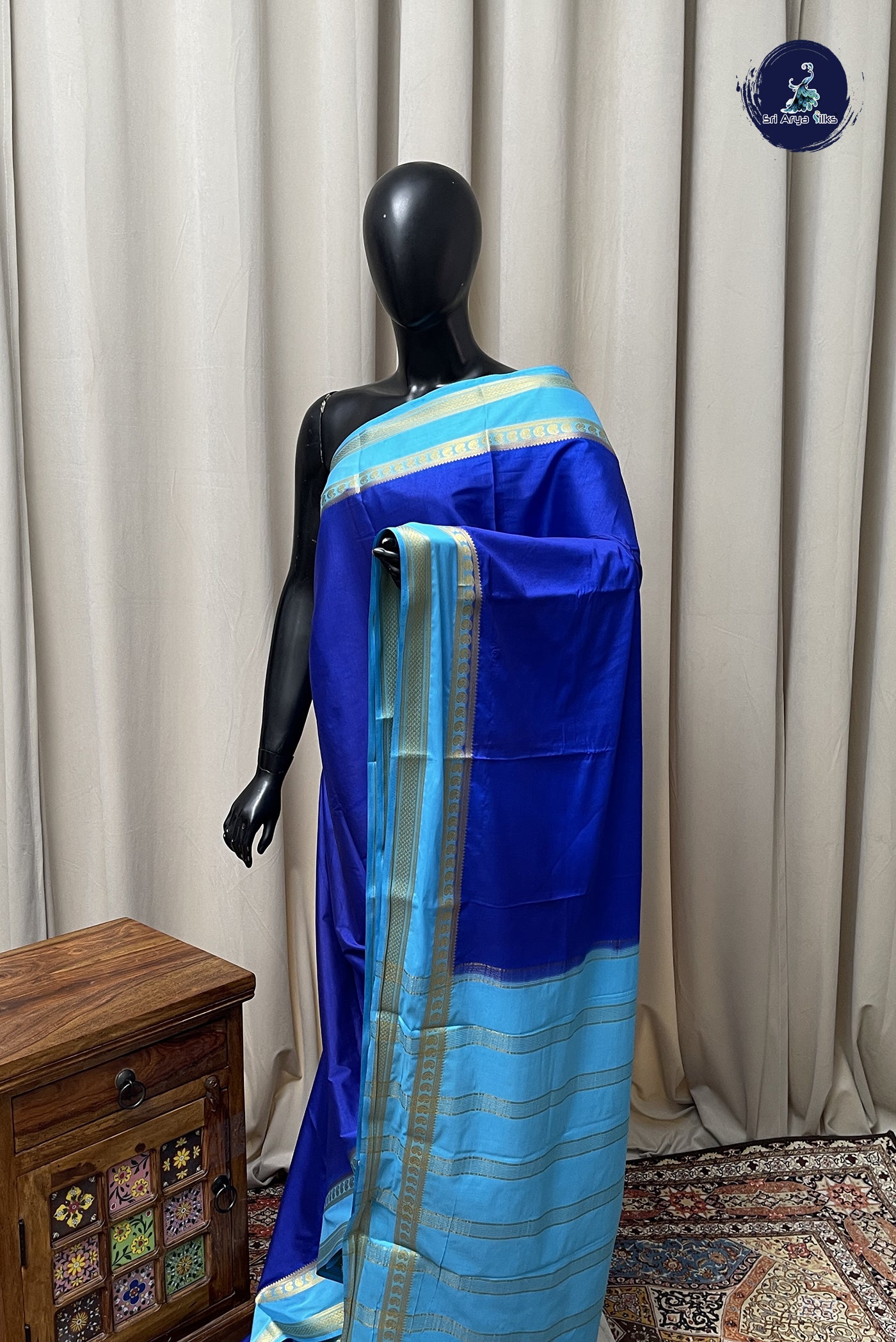 Dark Blue Semi Mysore Silk With Plain Pattern