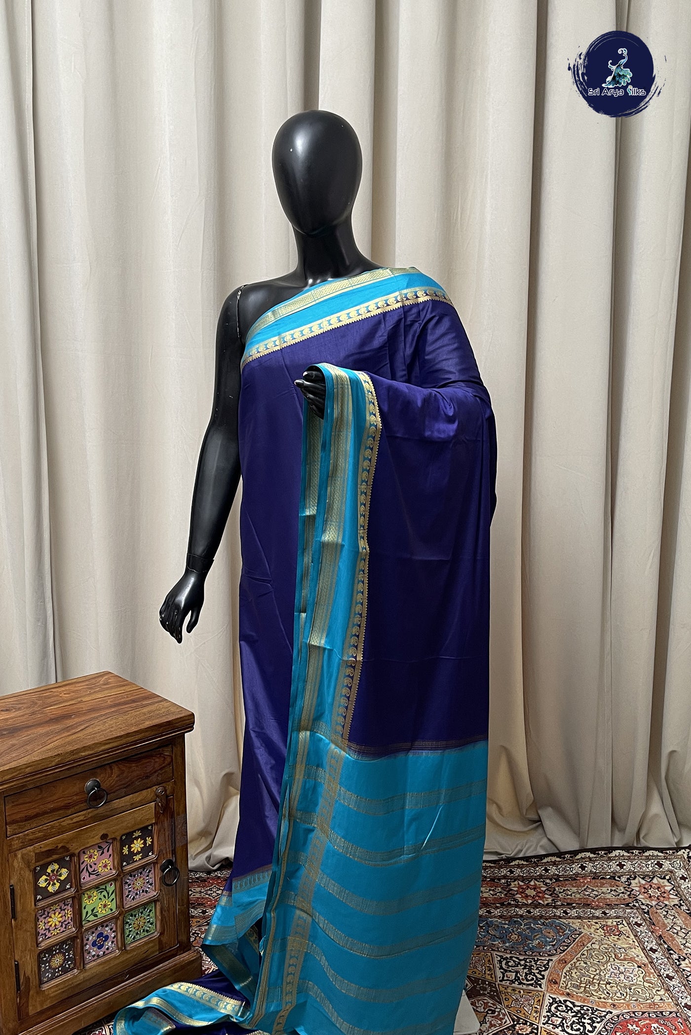 Navy Blue Semi Mysore Silk With Plain Pattern