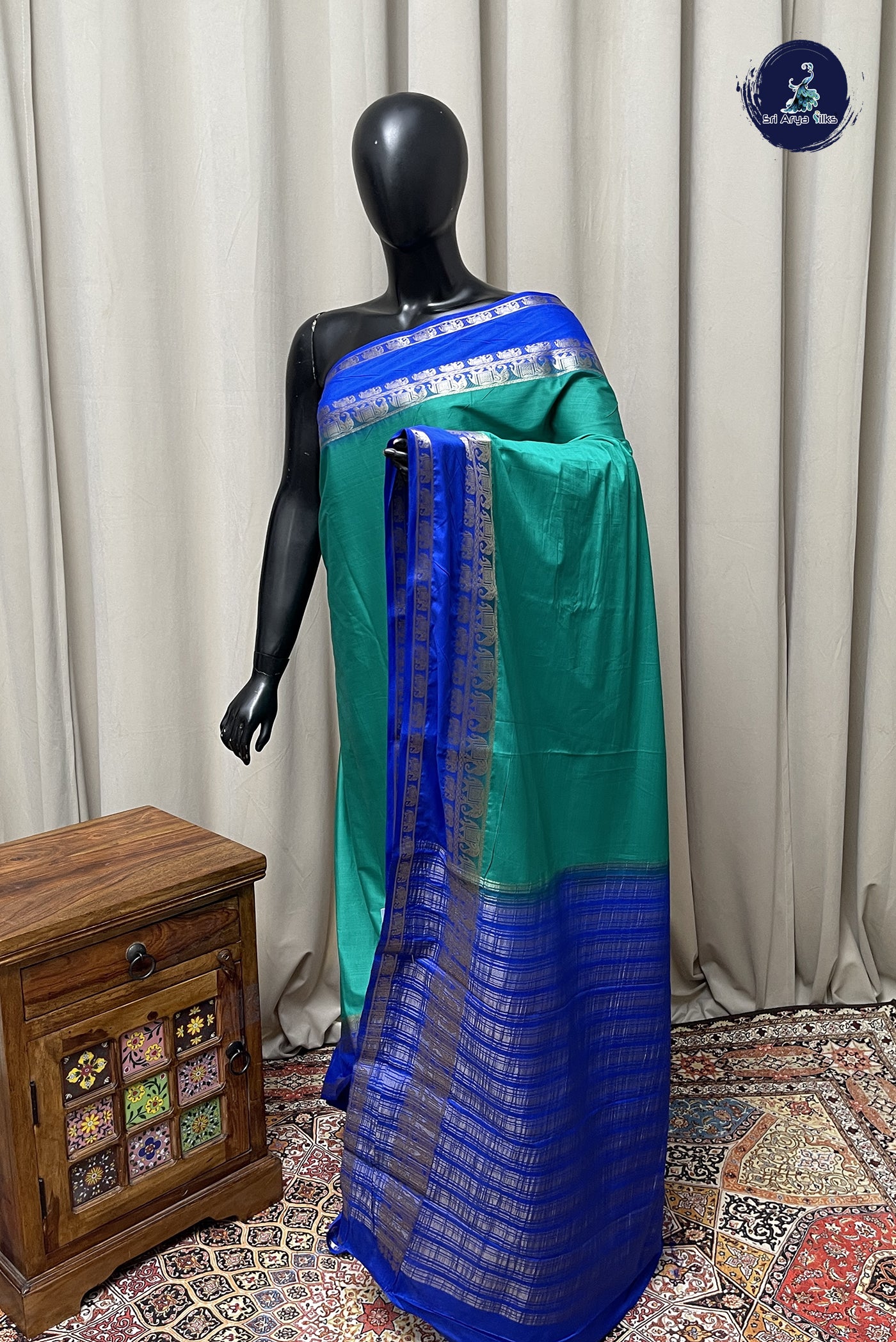 Teal Semi Mysore Silk With Plain Pattern