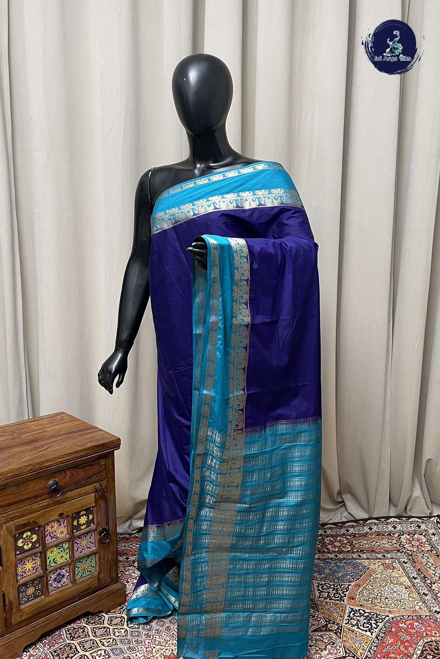 Dark Blue Semi Mysore Silk With Plain Pattern