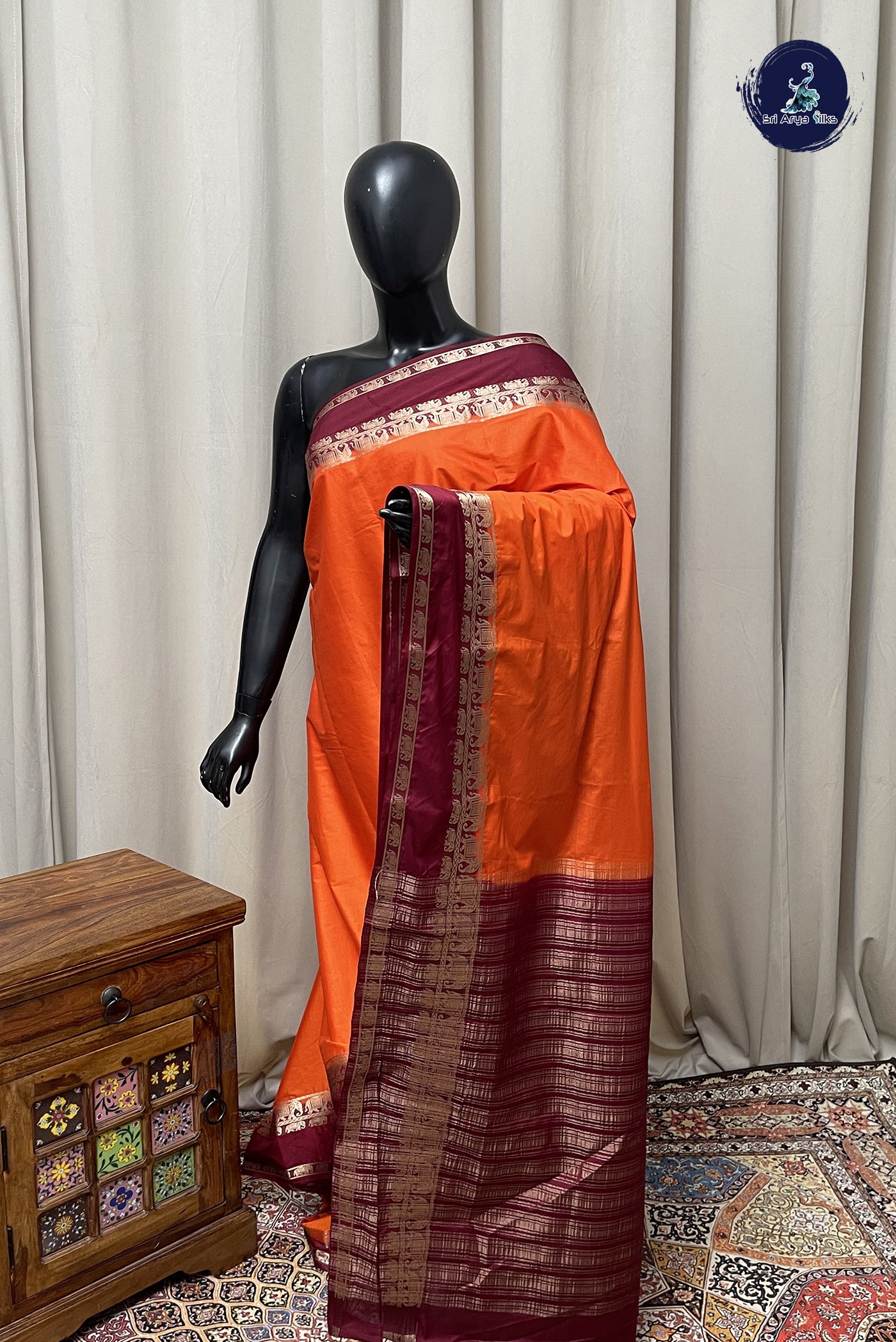 Orange Semi Mysore Silk With Plain Pattern