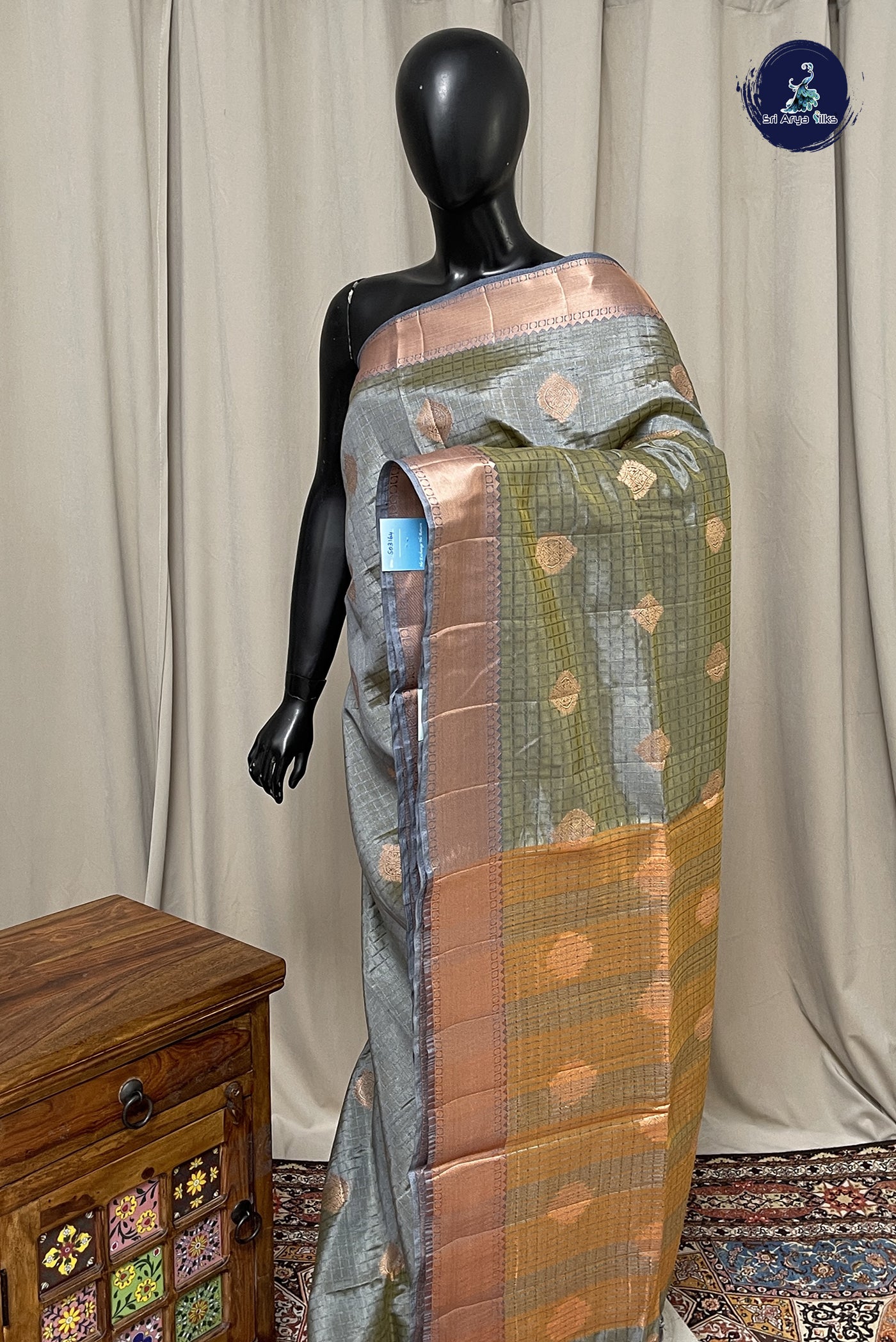 Dual Tone Grey Semi Tussar Saree With Zari Buttas Pattern