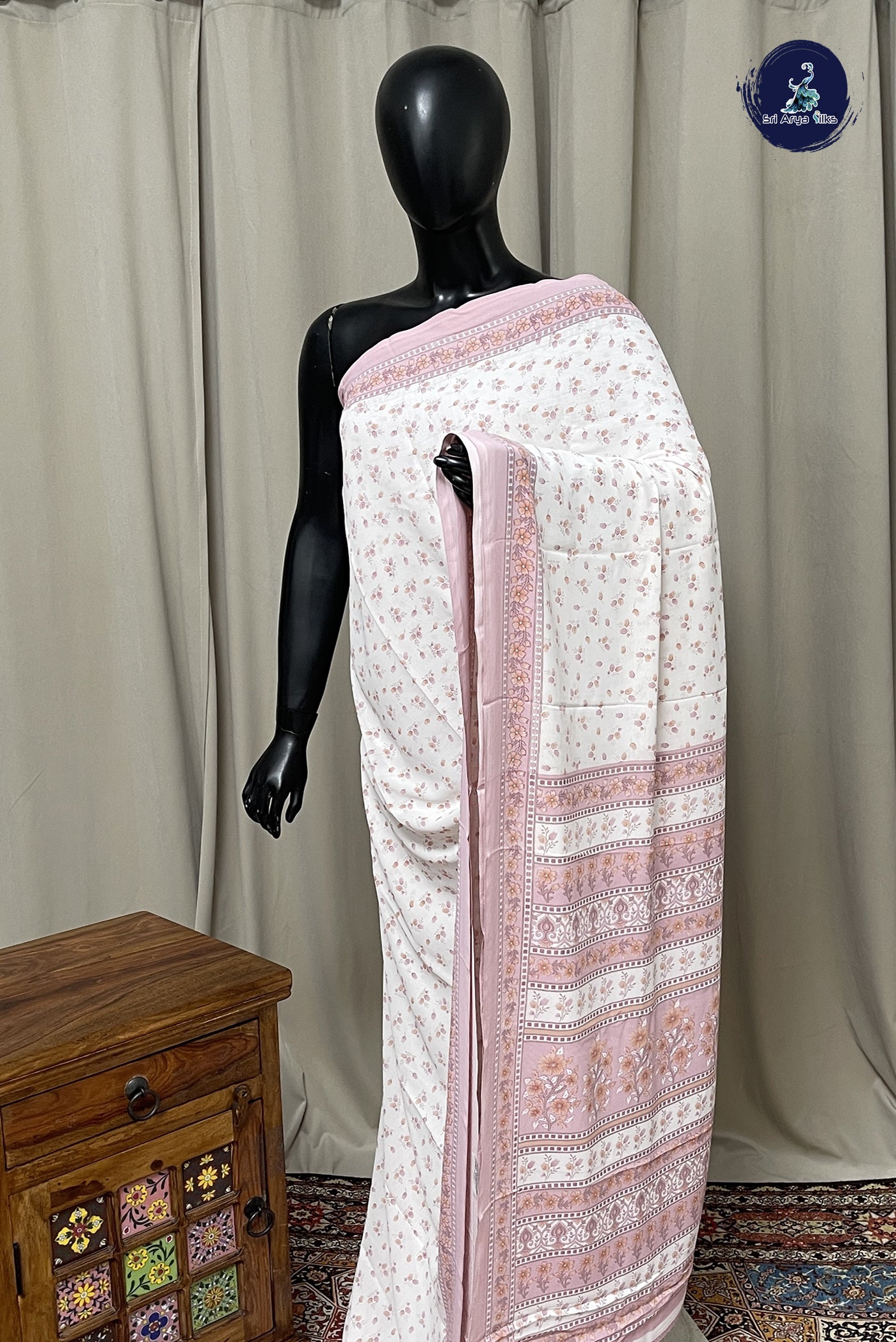 White Semi Silk Saree With Printed Pattern
