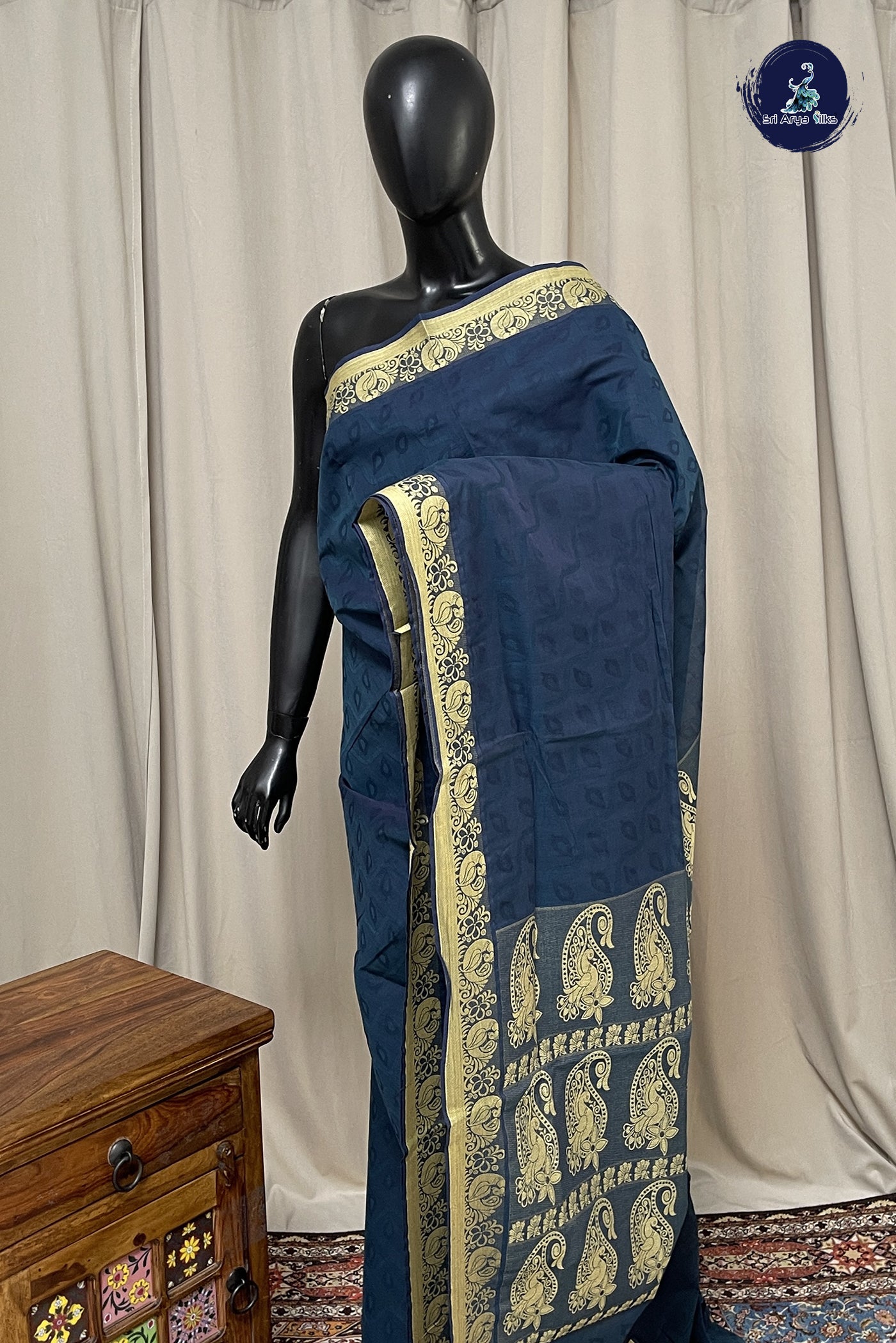 Blue Cotton Saree With Embossed Pattern