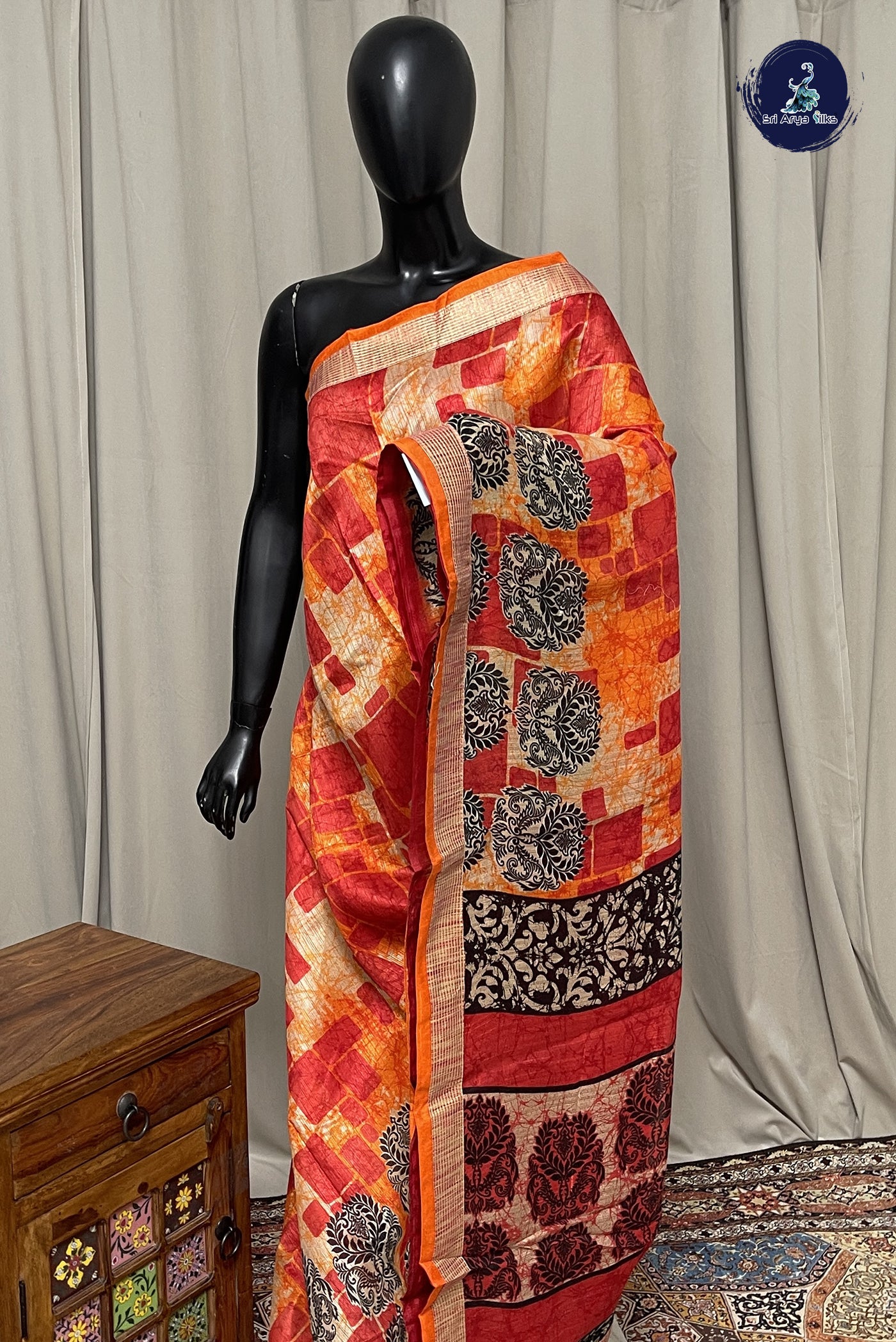 Multi Colour Jute Saree With Printed Pattern