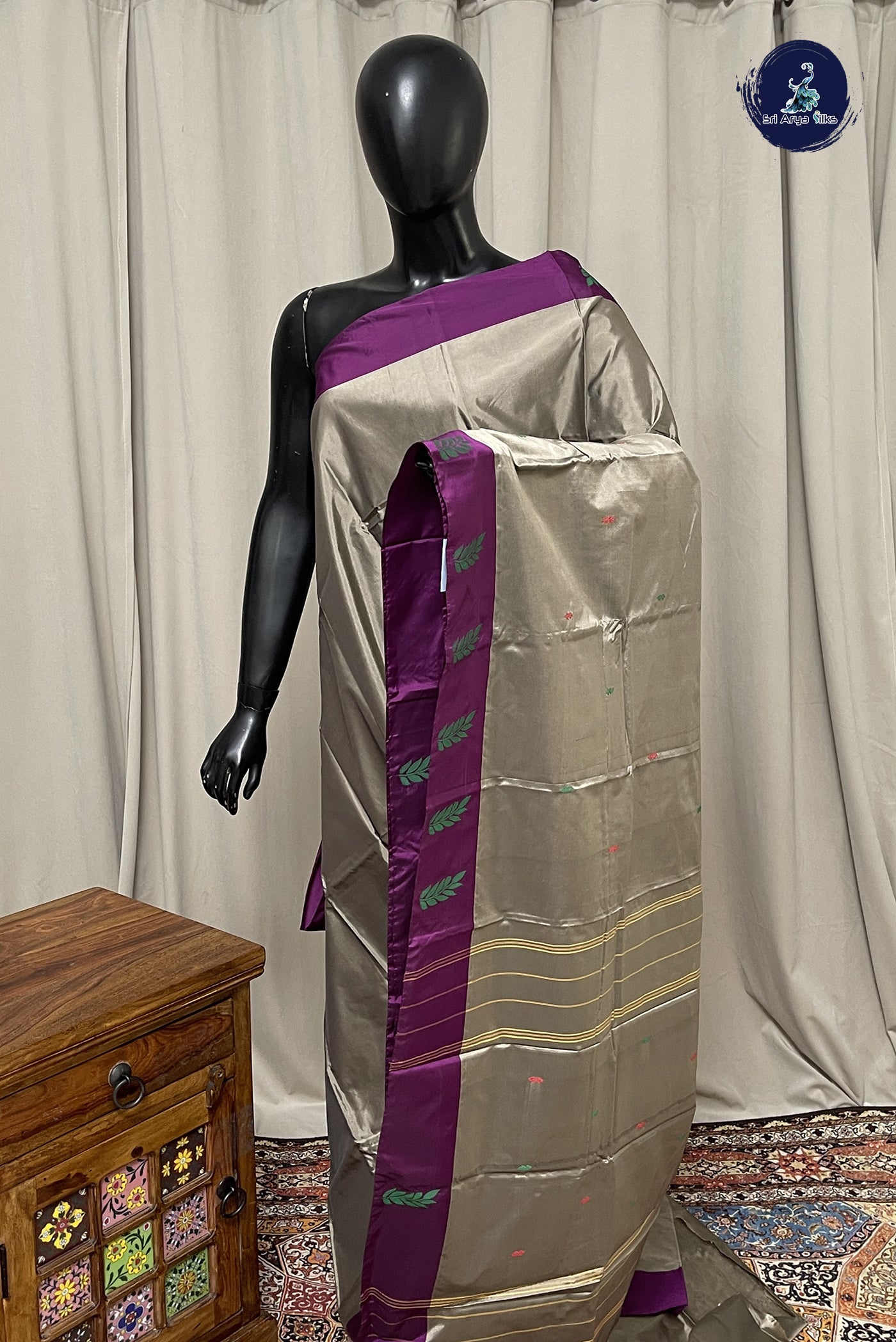 Silver Grey Semi Silk Saree With Buttas Pattern