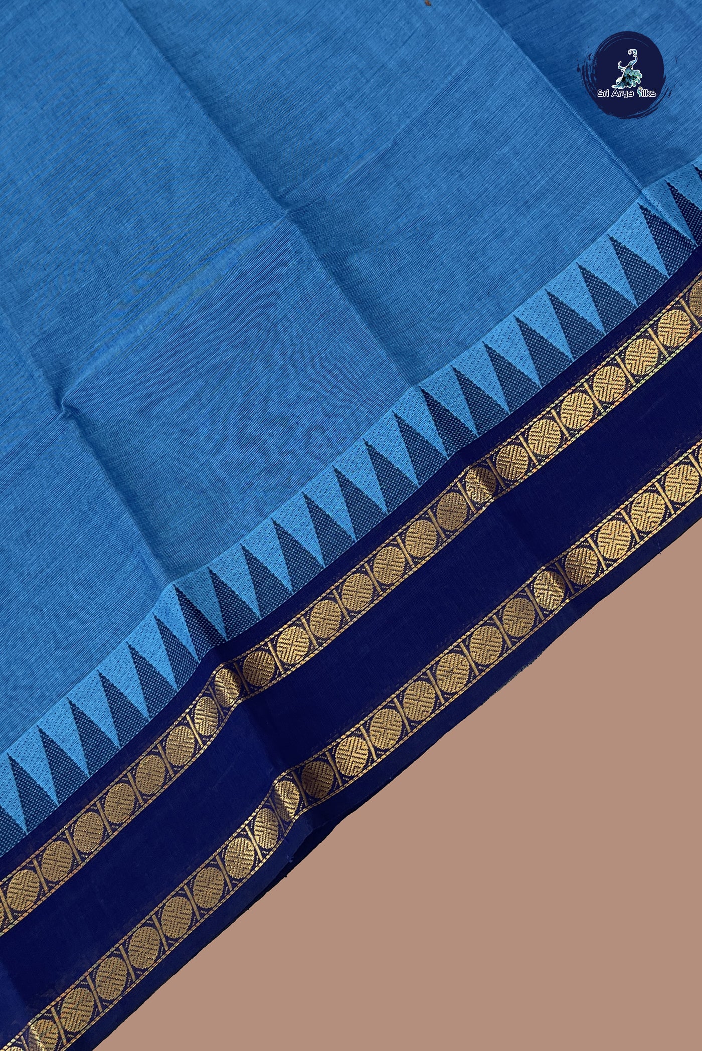 Blue Chettinad Cotton Saree With Plain Pattern