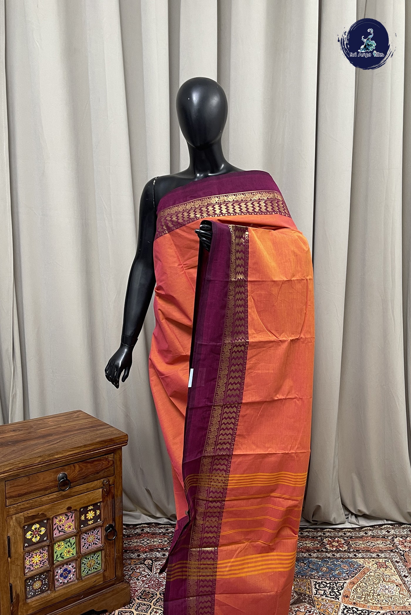 Dusty Orange Chettinad Cotton Saree With Plain Pattern