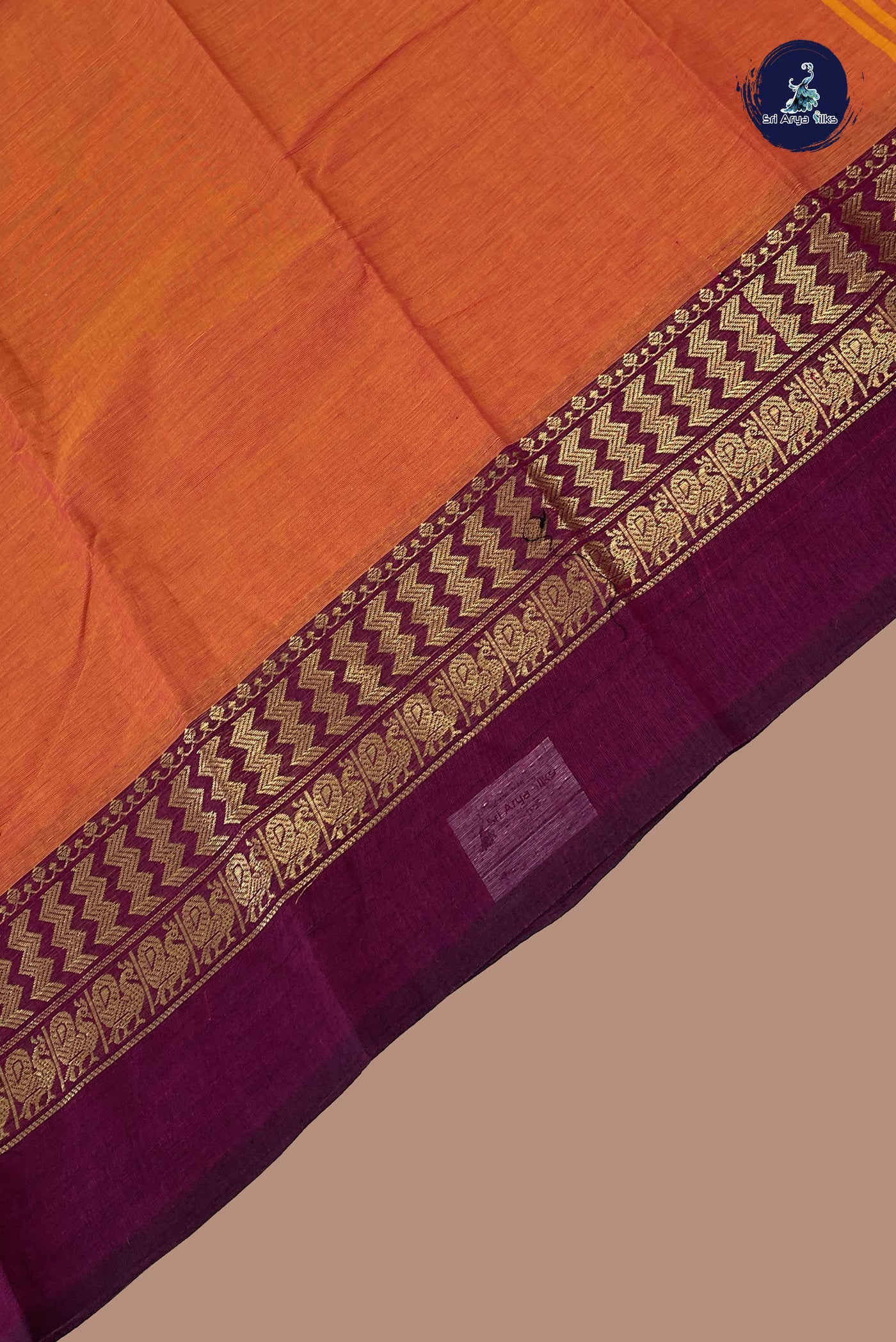 Dusty Orange Chettinad Cotton Saree With Plain Pattern