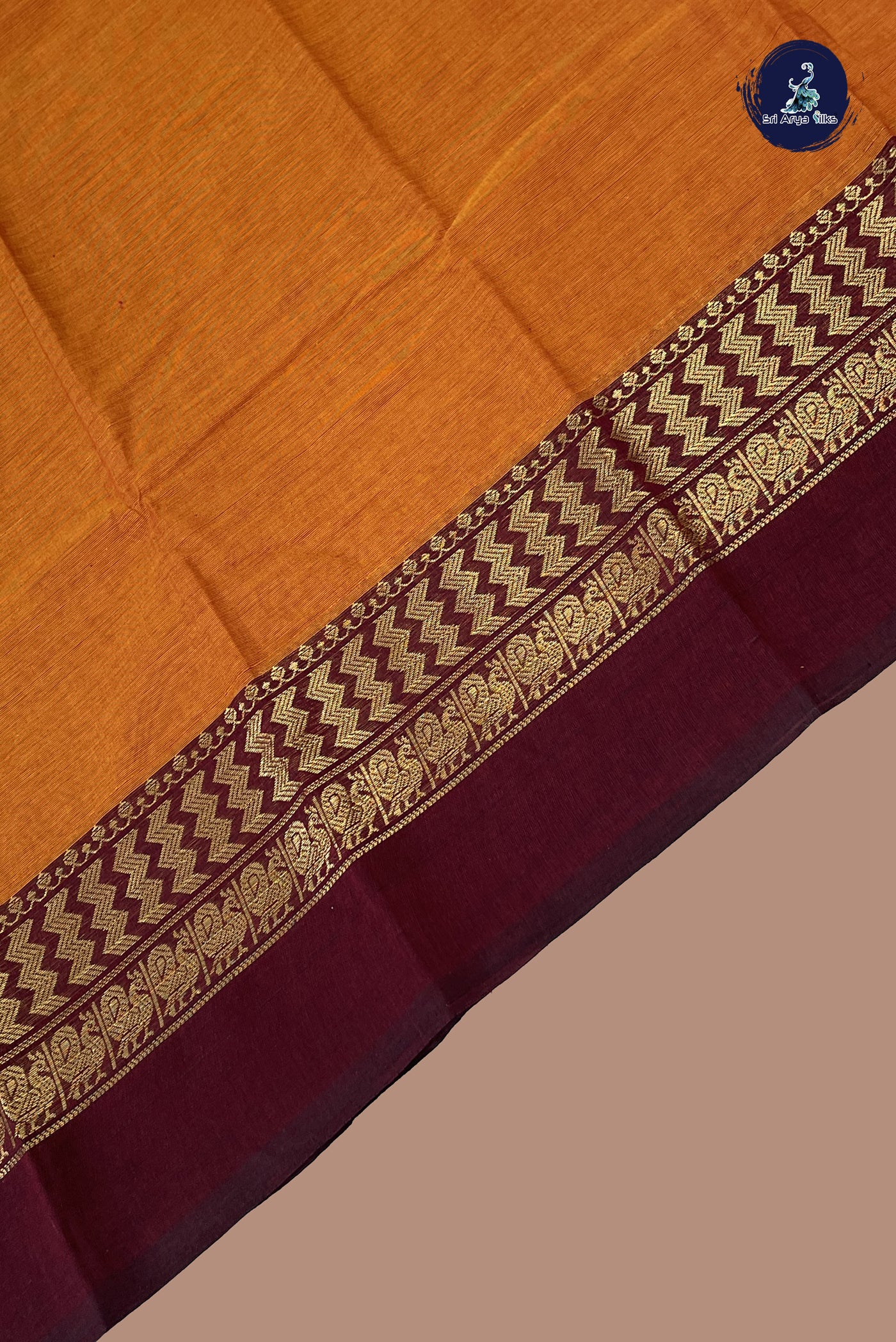 Lite Mustard Orange Chettinad Cotton Saree With Plain Pattern