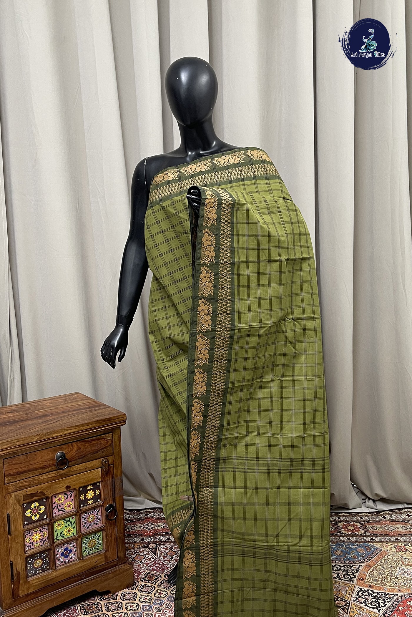 Green Chettinad Cotton Saree With Checked Pattern
