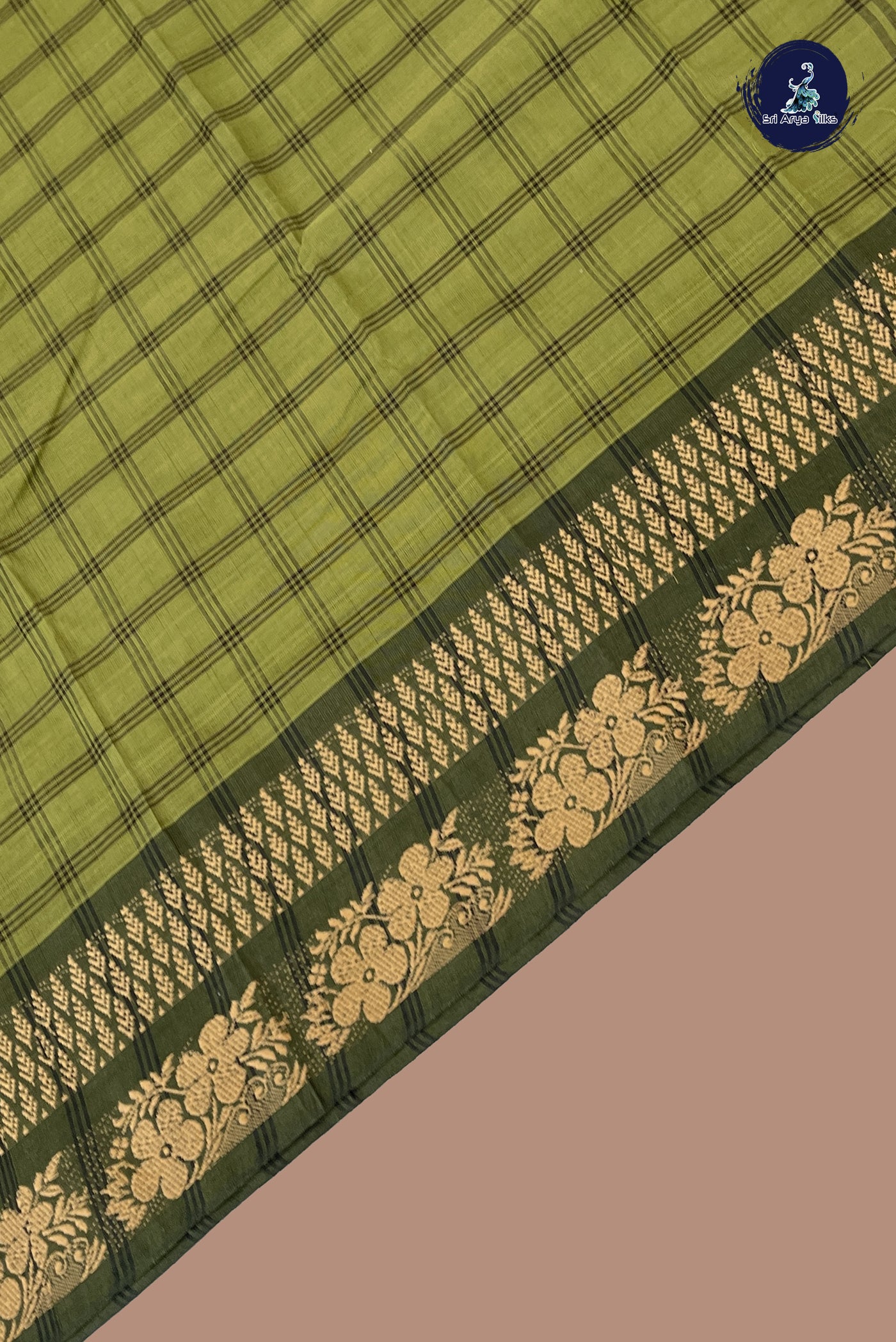 Green Chettinad Cotton Saree With Checked Pattern