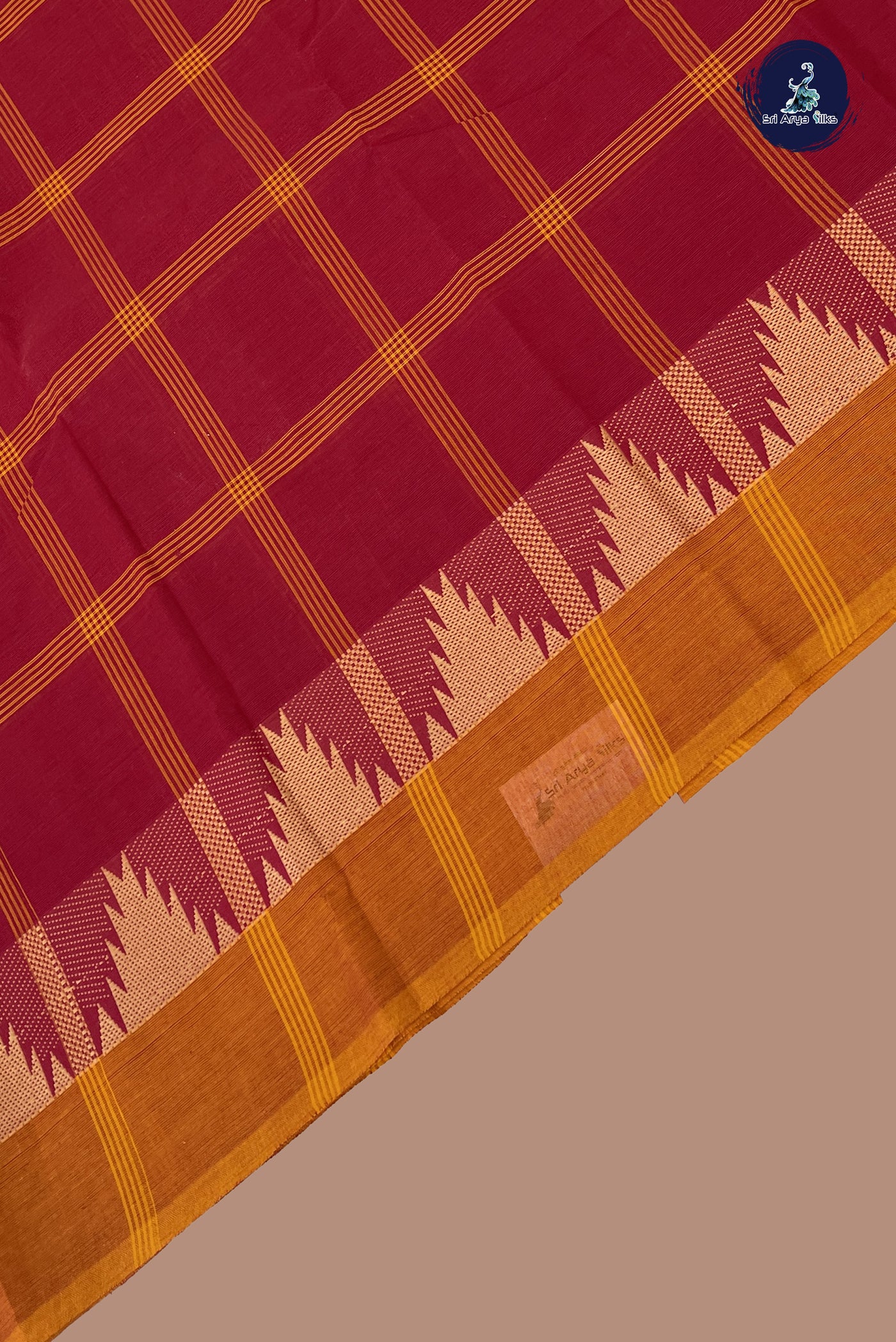 Maroon Chettinad Cotton Saree With Checked Pattern