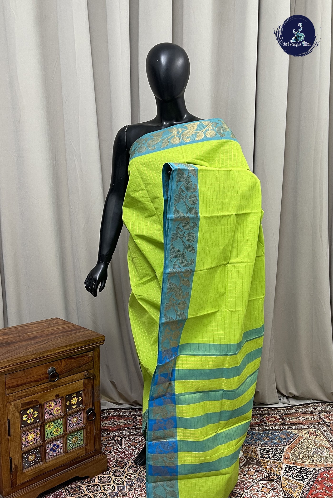 Light Green Chettinad Cotton Saree With Zari Checked Pattern