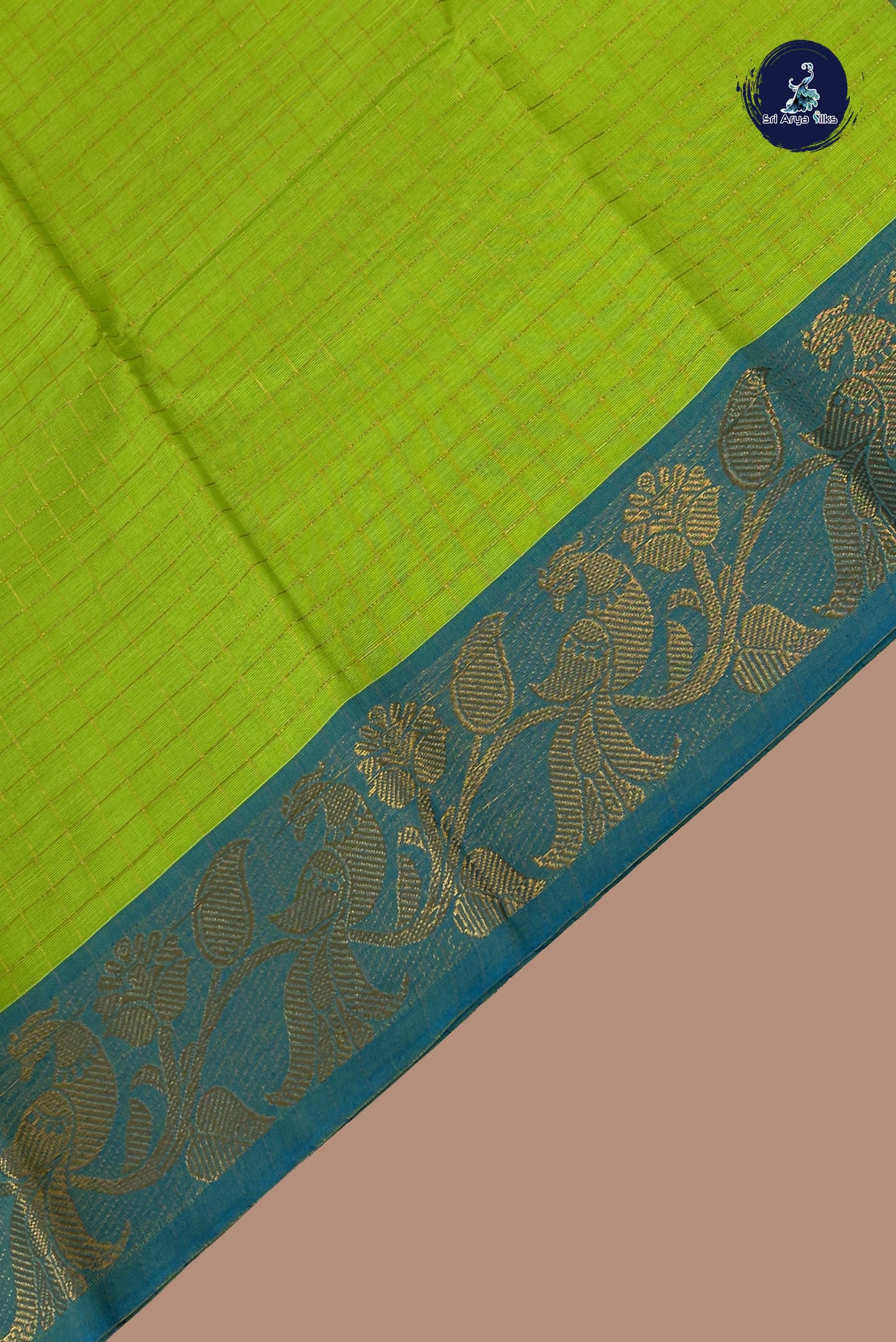 Light Green Chettinad Cotton Saree With Zari Checked Pattern