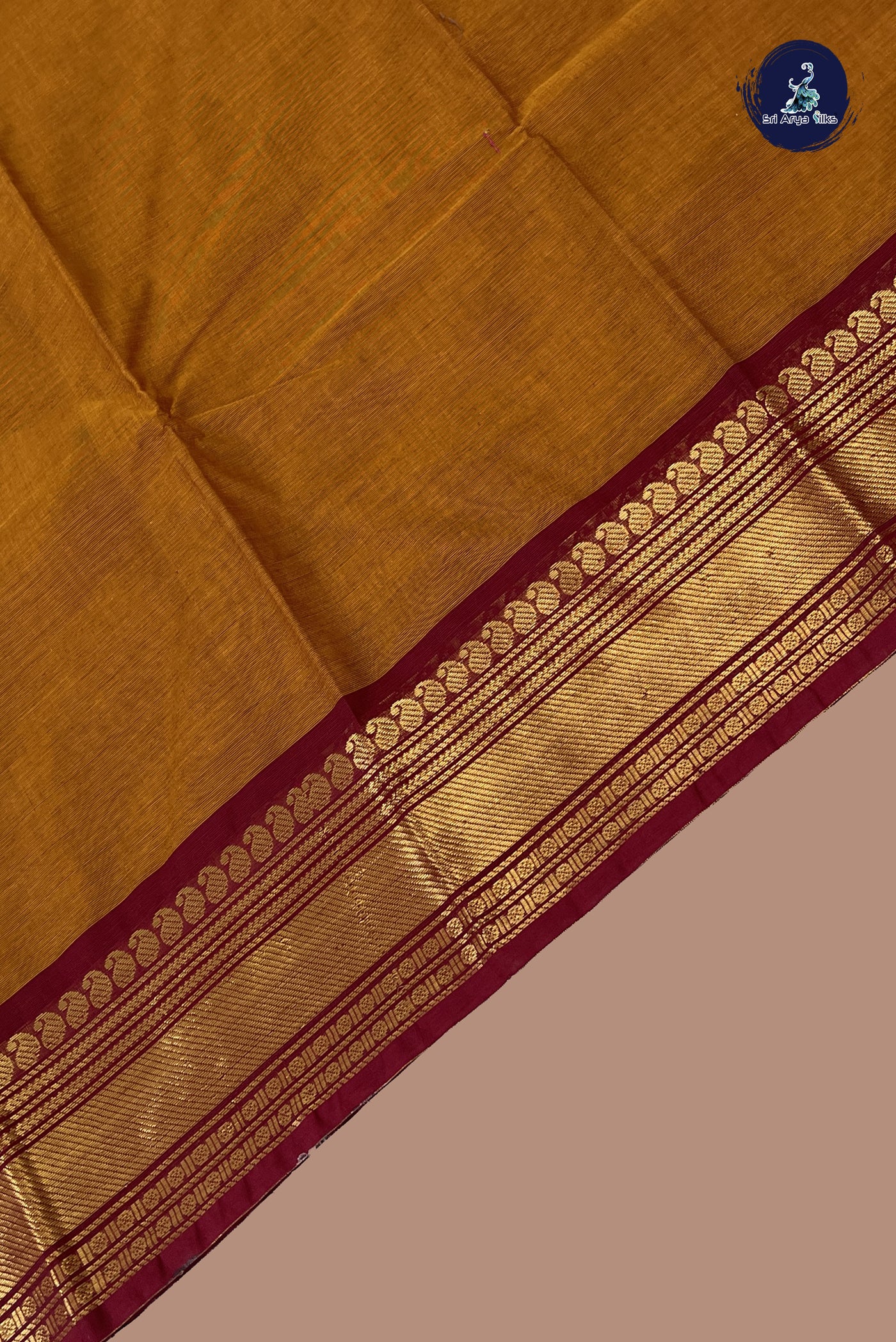 Honey Brown Chettinad Cotton Saree With Plain Pattern