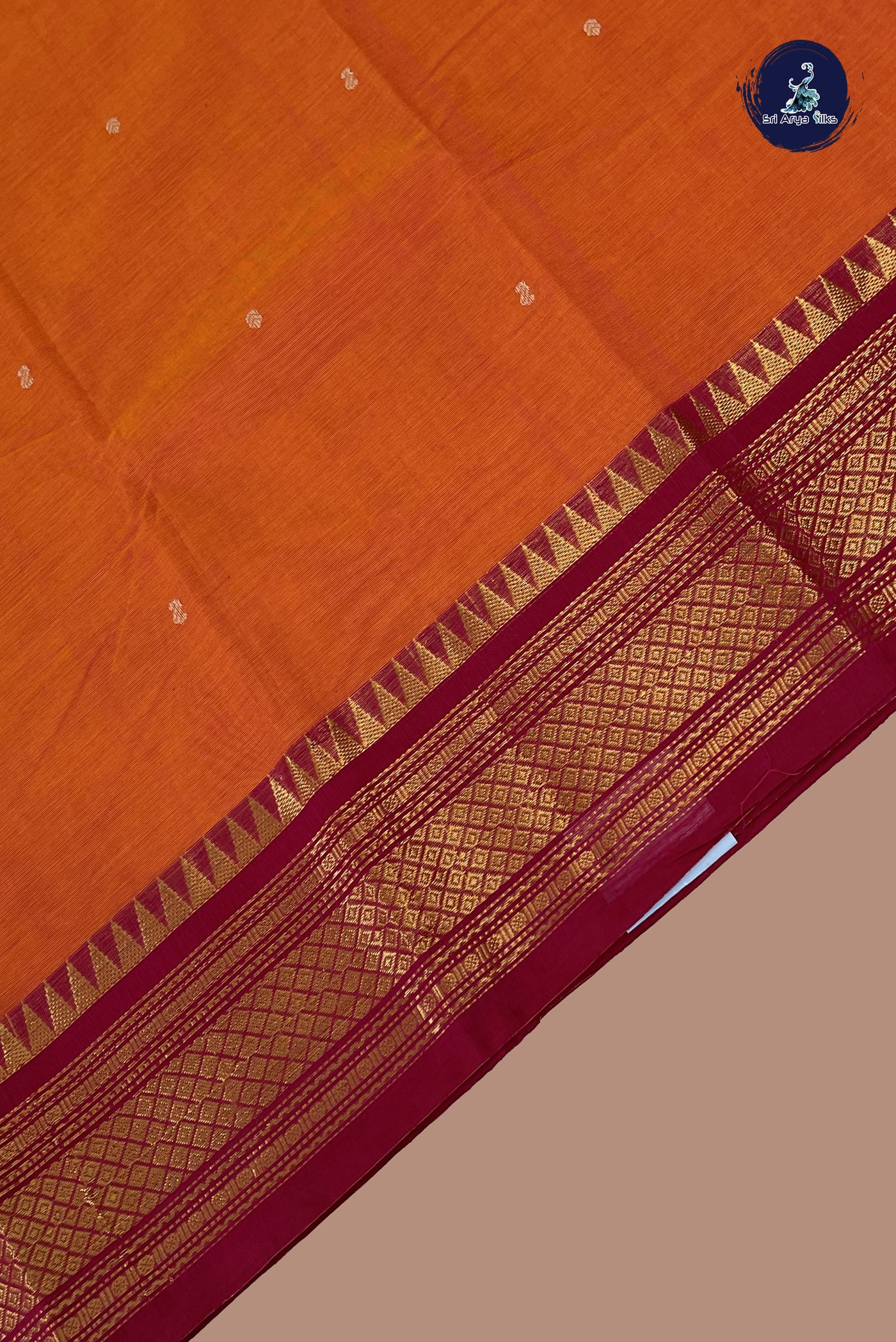 Pinkish Orange Chettinad Cotton Saree With Plain Pattern