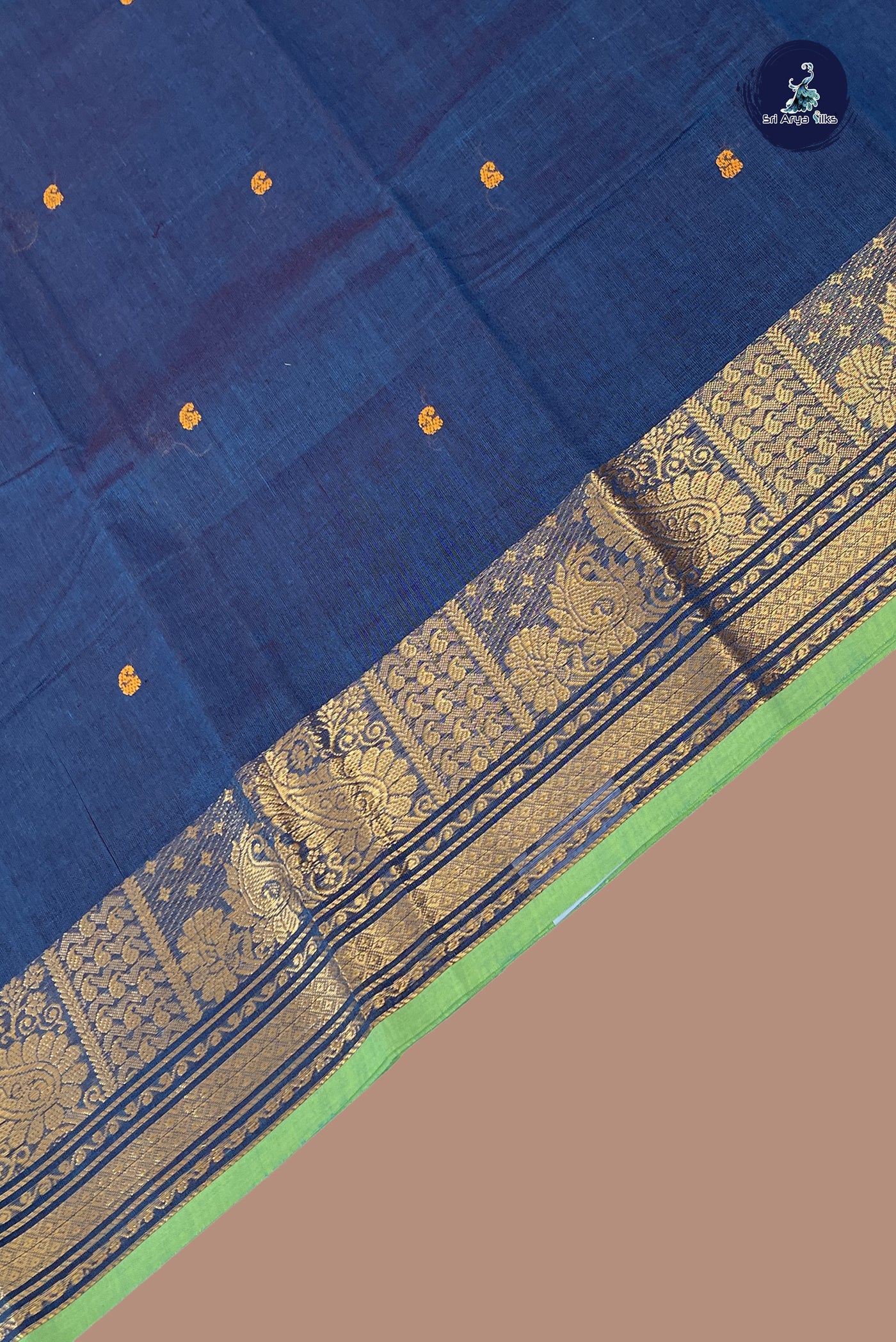 Sapphire Blue Chettinad Cotton Saree With Buttas Pattern