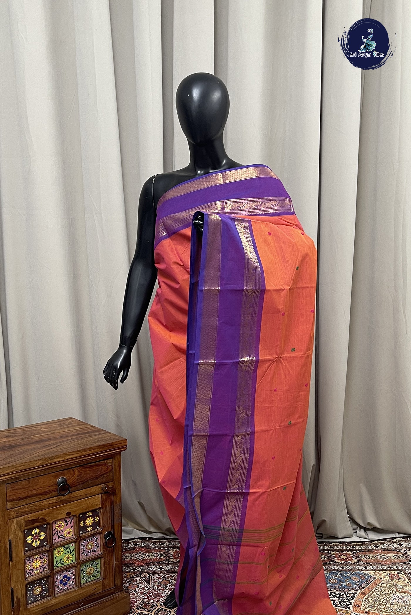 Pinkish Orange Chettinad Cotton Saree With Buttas Pattern