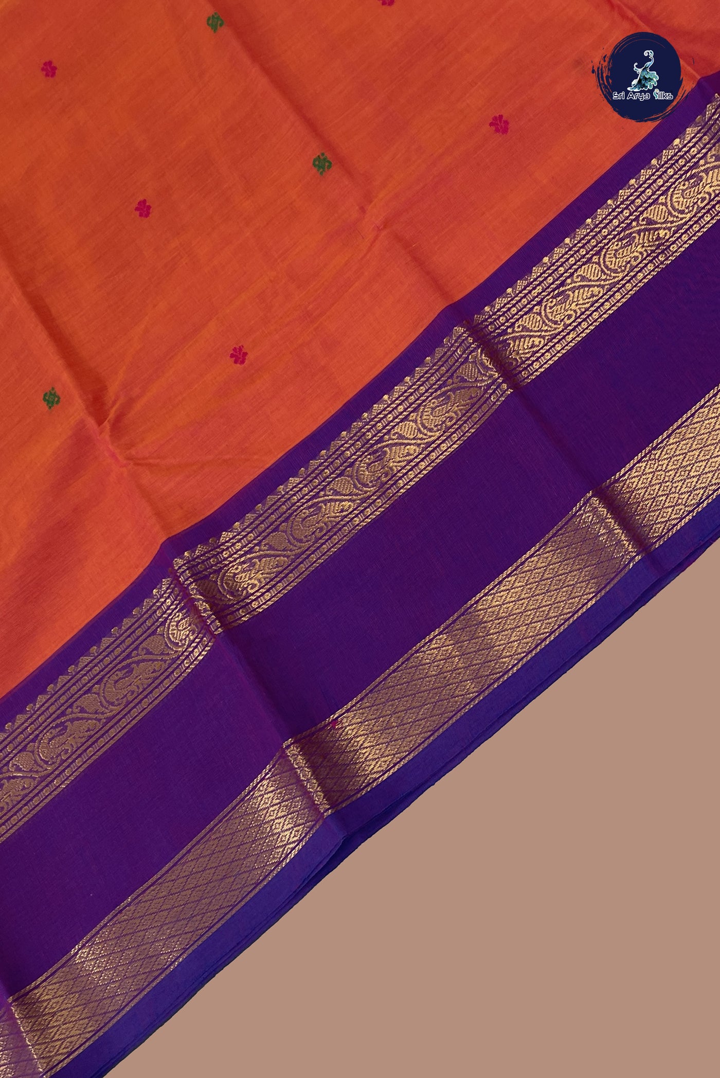 Pinkish Orange Chettinad Cotton Saree With Buttas Pattern