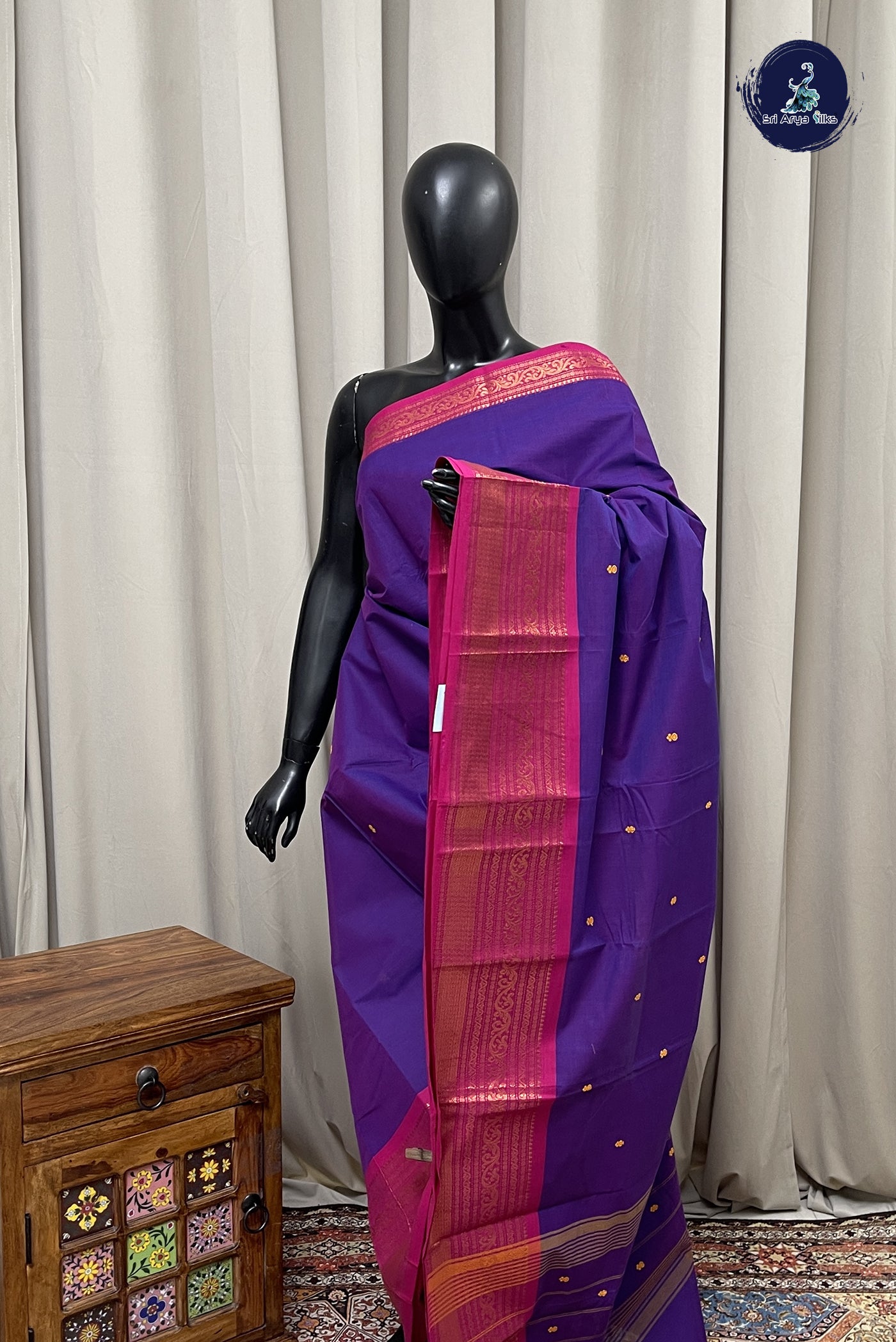Violet Chettinad Cotton Saree With Buttas Pattern