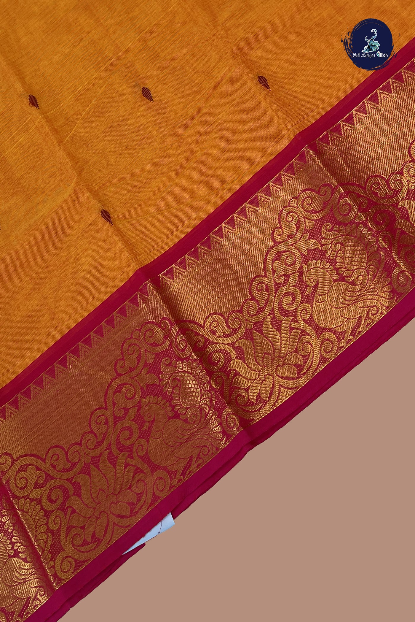 Yellowish Orange Chettinad Cotton Saree With Buttas Pattern