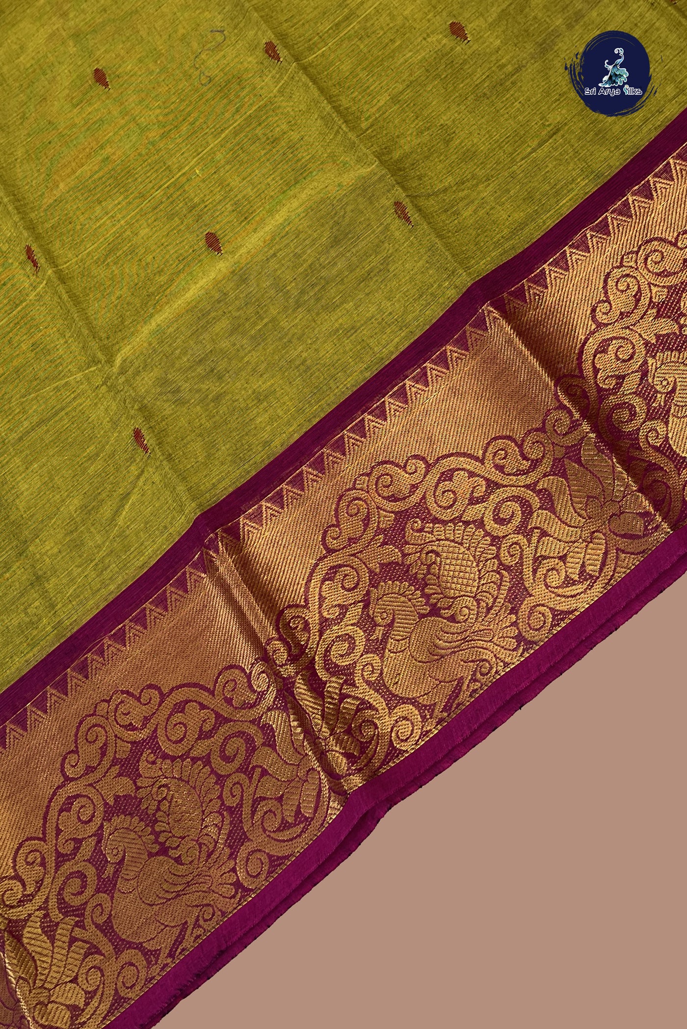 Yellowish Green Chettinad Cotton Saree With Buttas Pattern