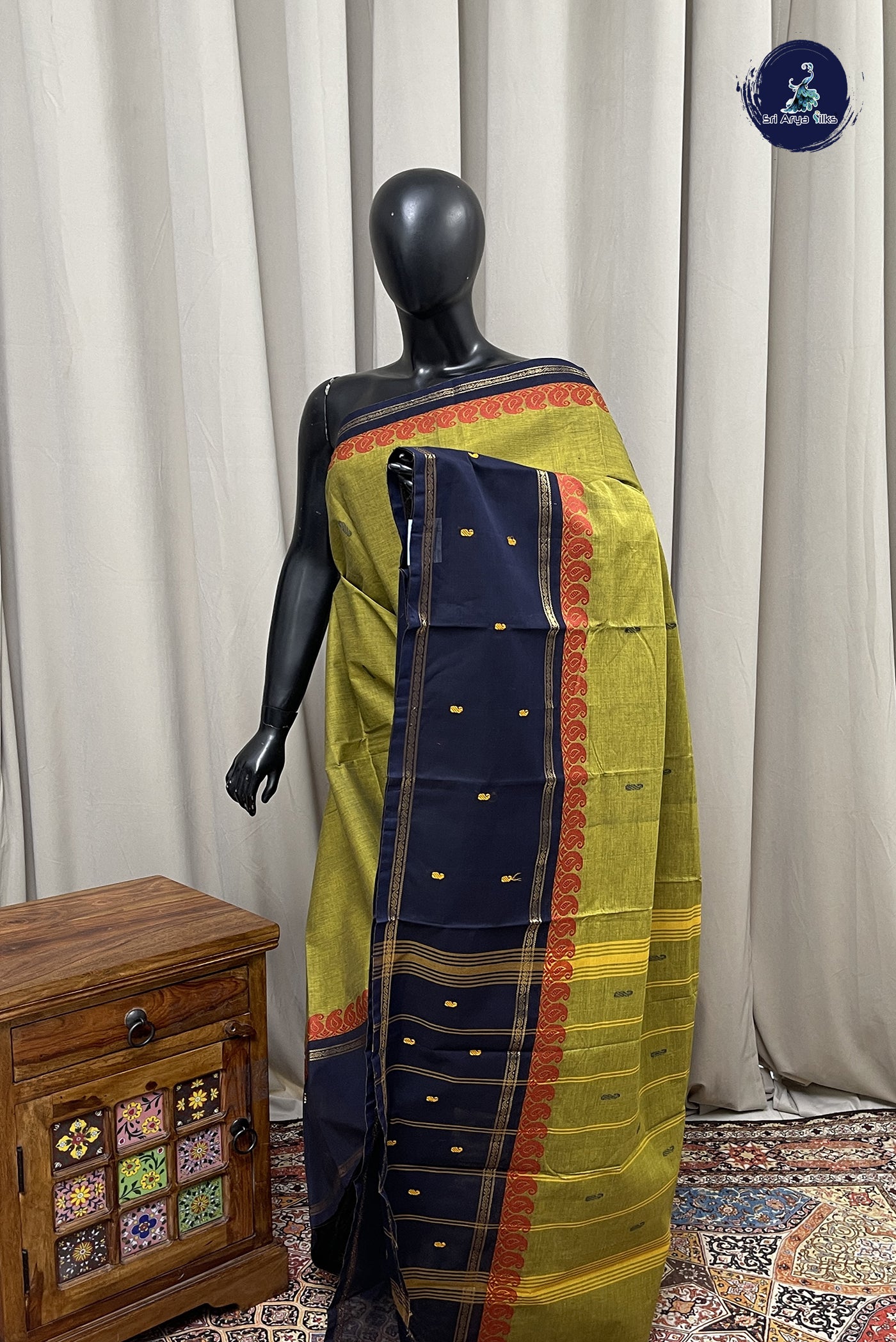 Yellowish Green Chettinad Cotton Saree With Buttas Pattern