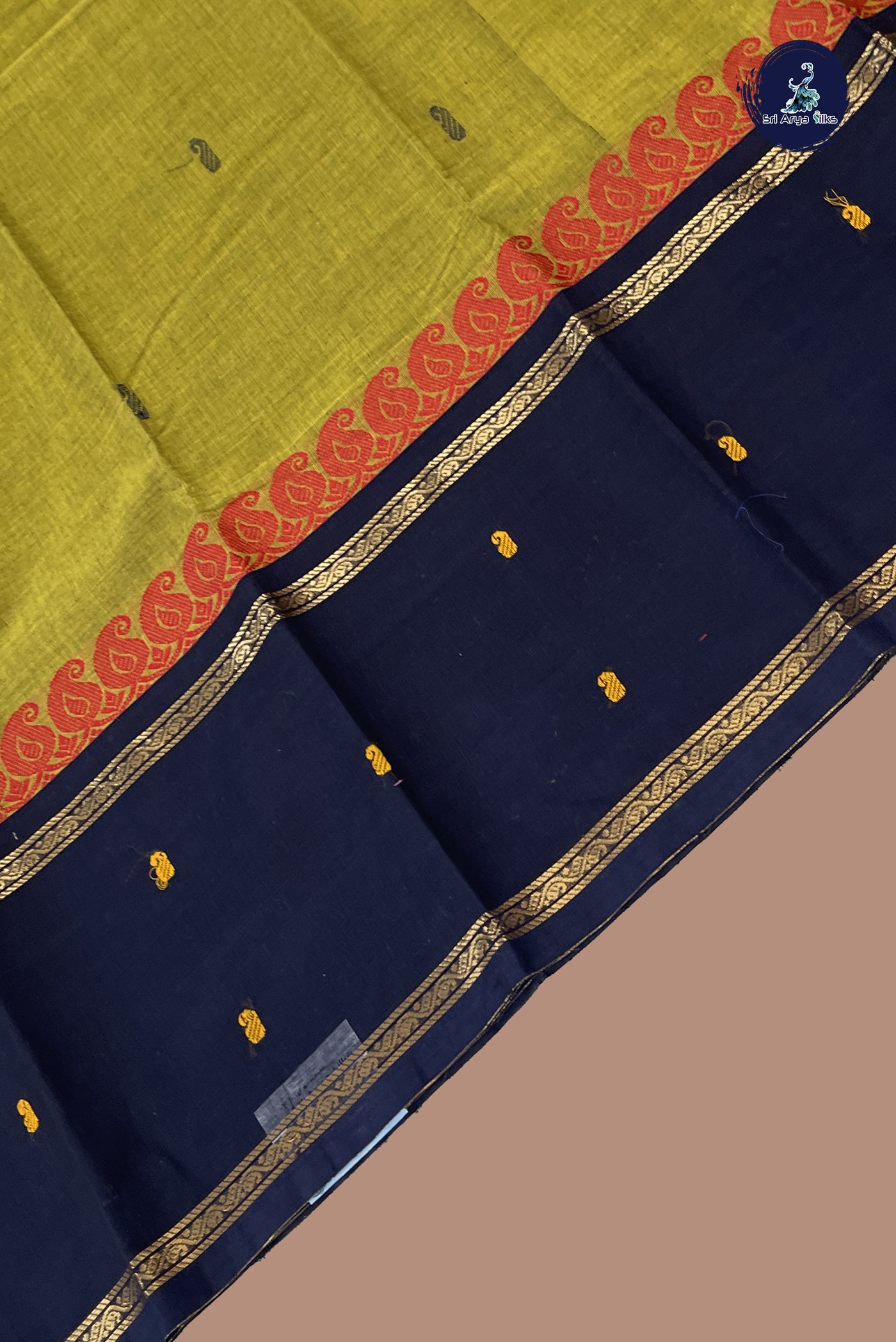 Yellowish Green Chettinad Cotton Saree With Buttas Pattern