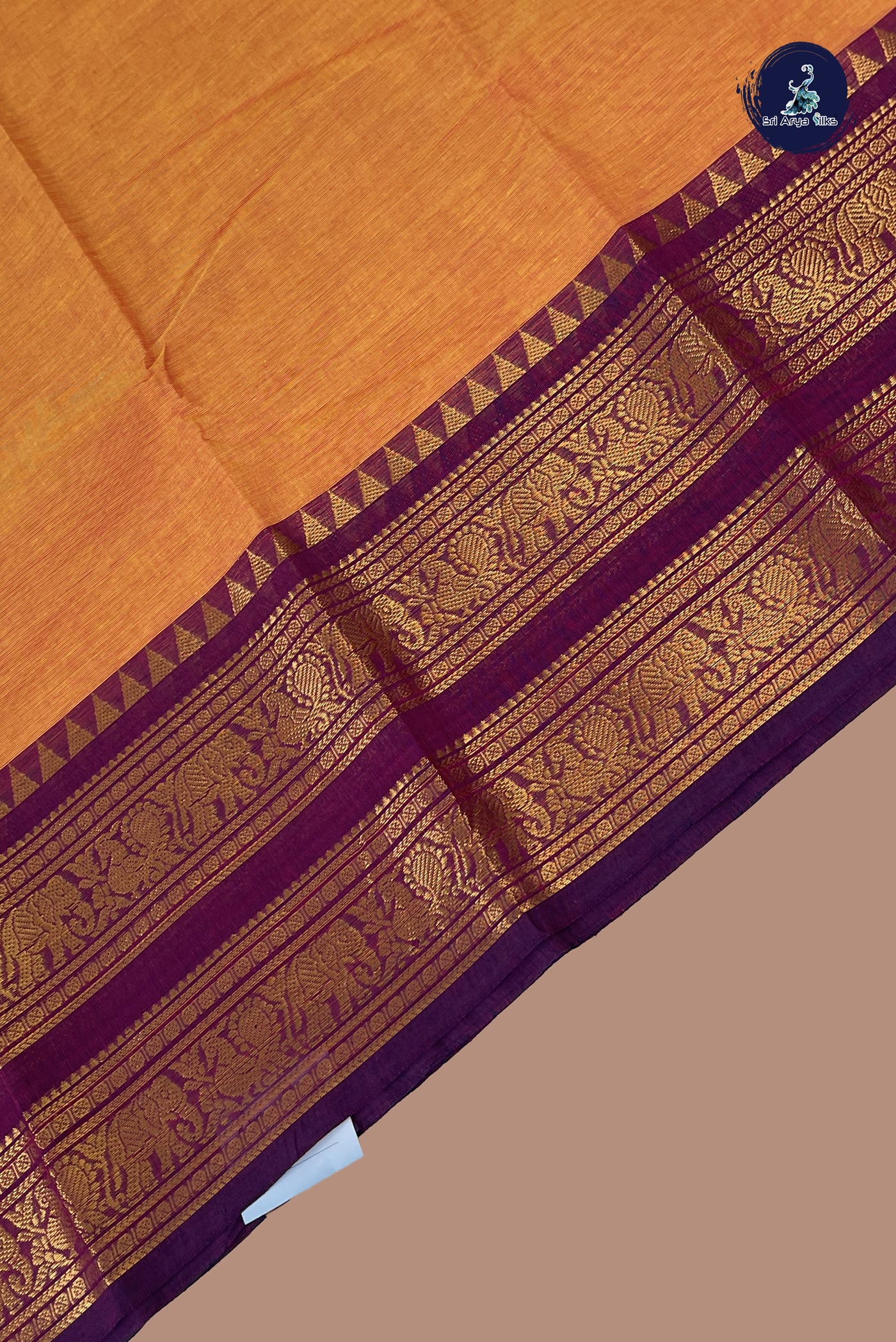 Orange Chettinad Cotton Saree With Plain Pattern
