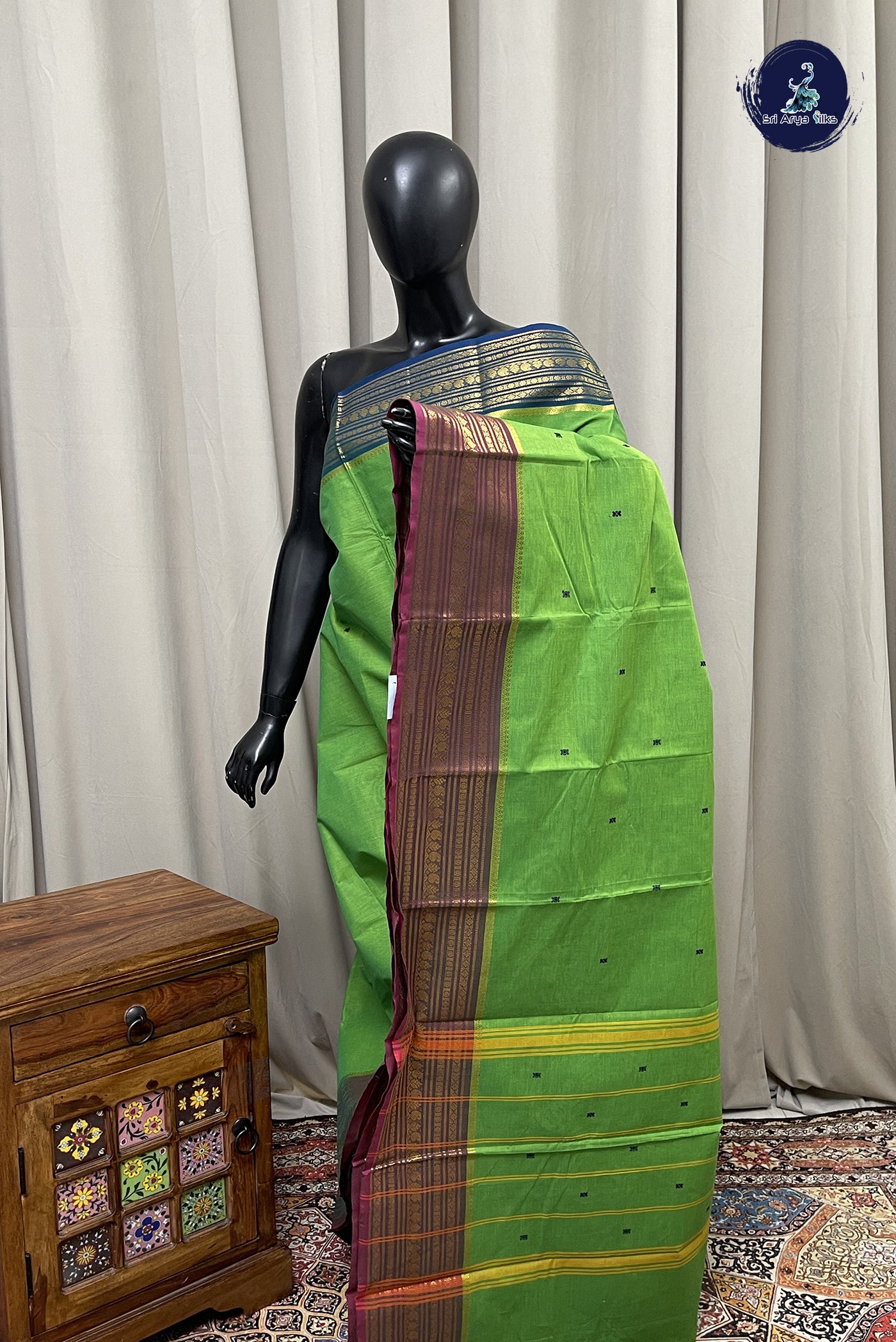 Parrot Green Chettinad Cotton Saree With Buttas Pattern