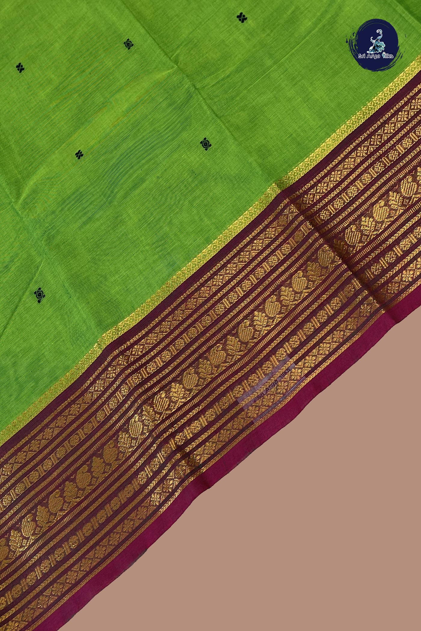 Parrot Green Chettinad Cotton Saree With Buttas Pattern