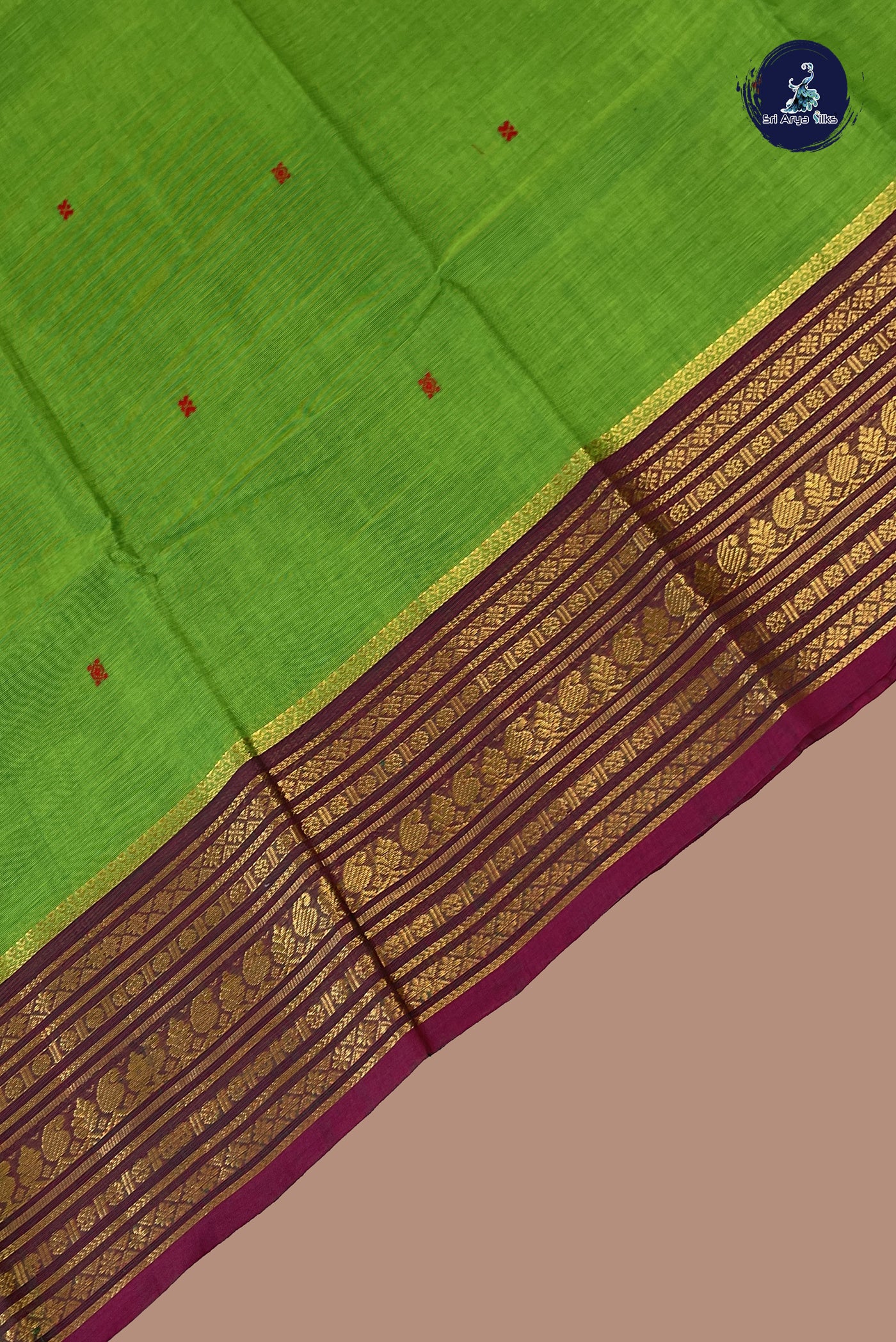 Parrot Green Chettinad Cotton Saree With Buttas Pattern