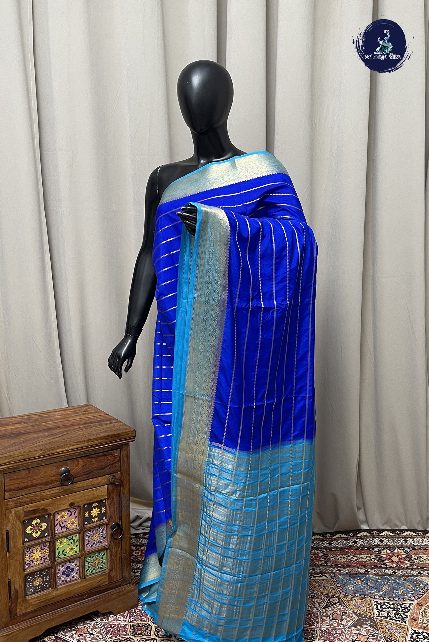 Royal Blue Semi Mysore Silk With Stripes Pattern
