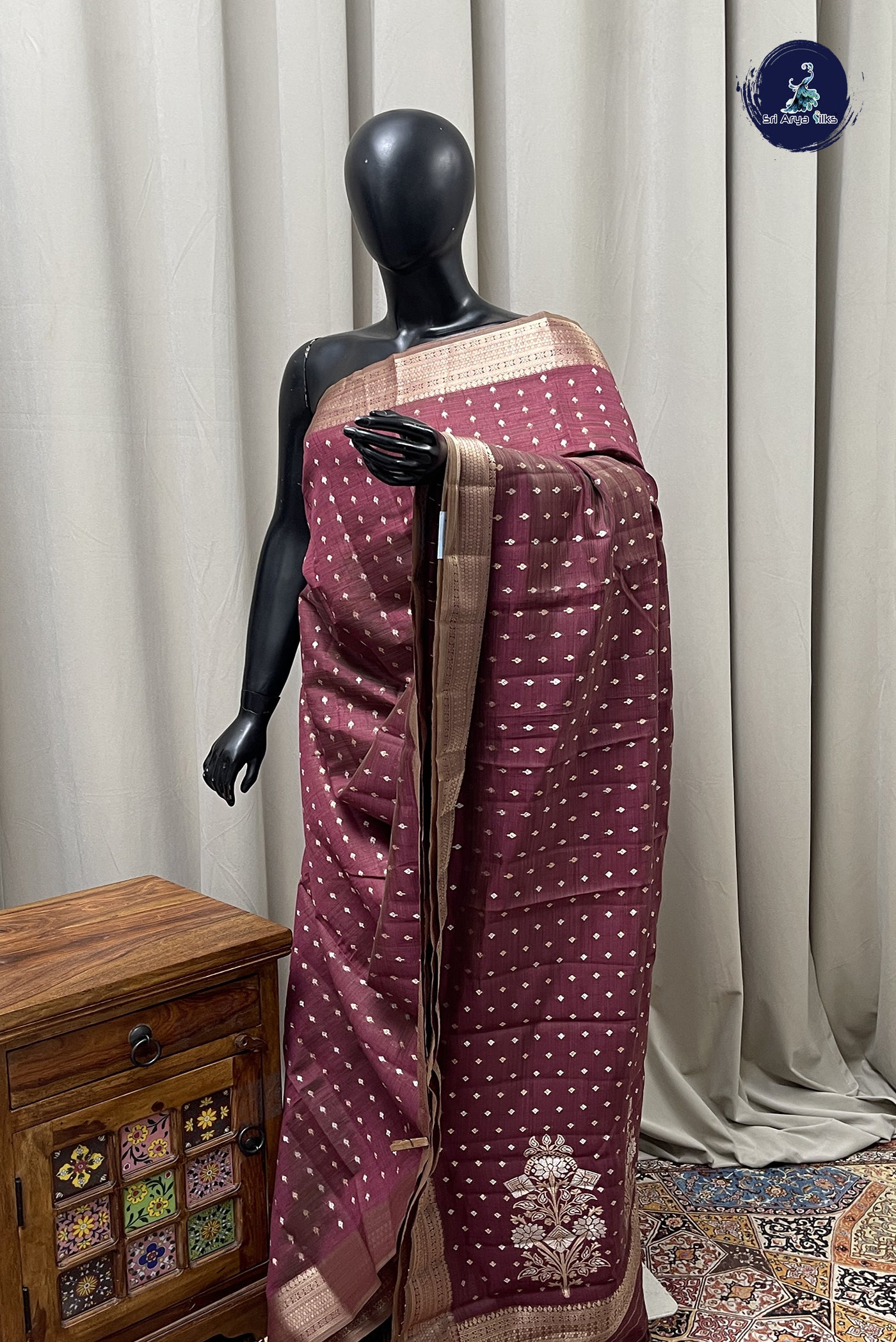 Burgundy Semi Tussar Saree With Zari Buttas Pattern