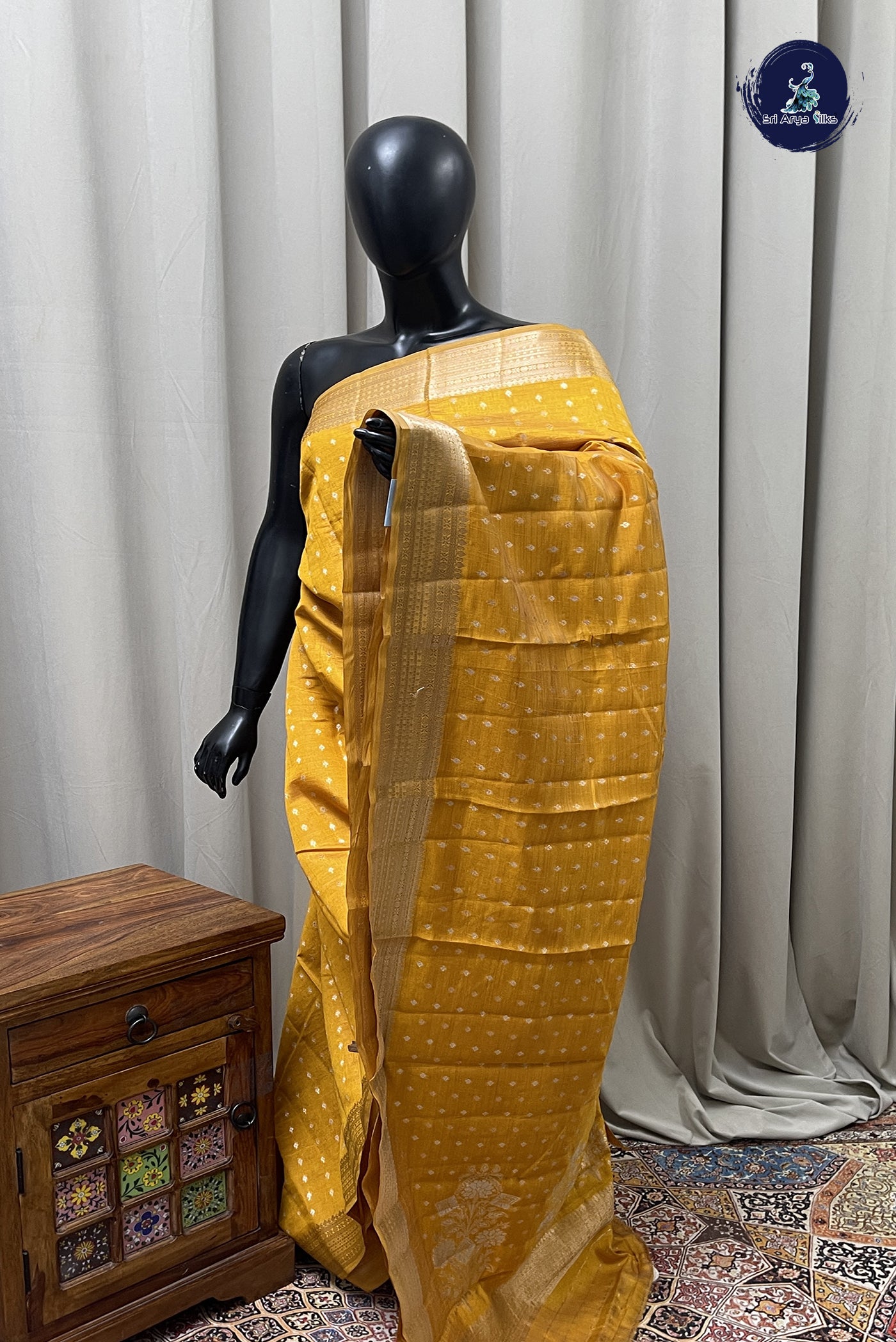 Mustard Yellow Semi Tussar Saree With Zari Buttas Pattern