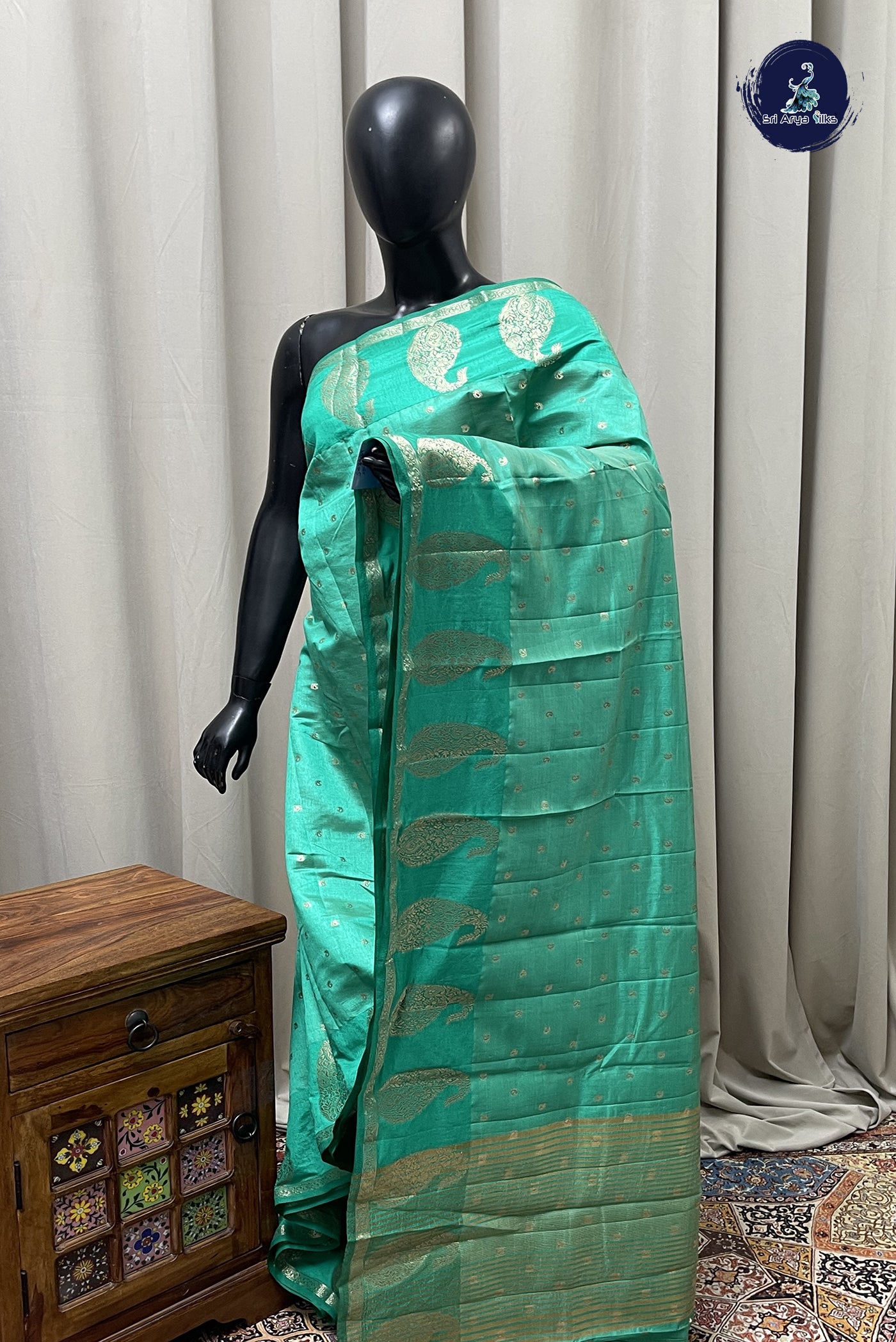 Green Semi Tussar Saree With Zari Buttas Pattern