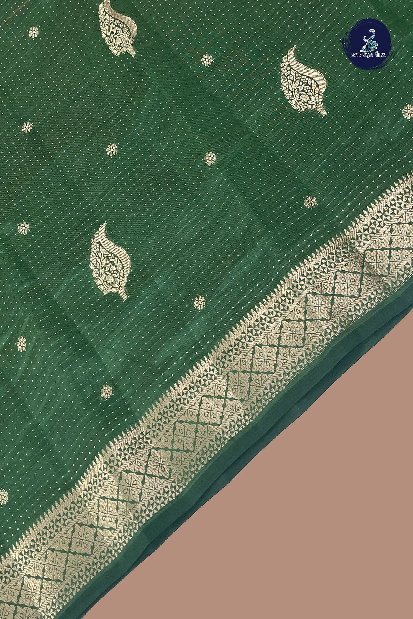 Dark Green Semi Tussar Saree With Zari Buttas Pattern