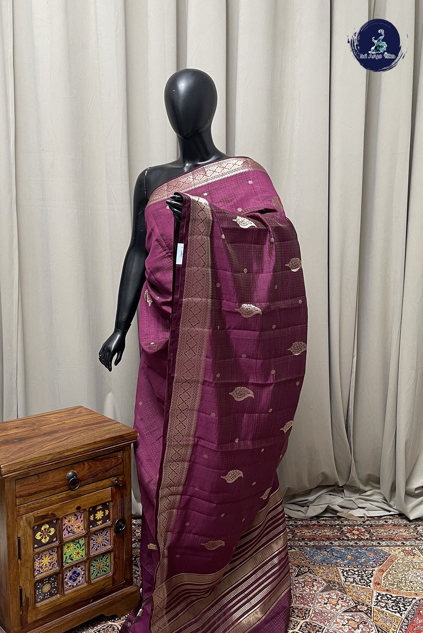 Dark Plum Semi Tussar Saree With Zari Buttas Pattern
