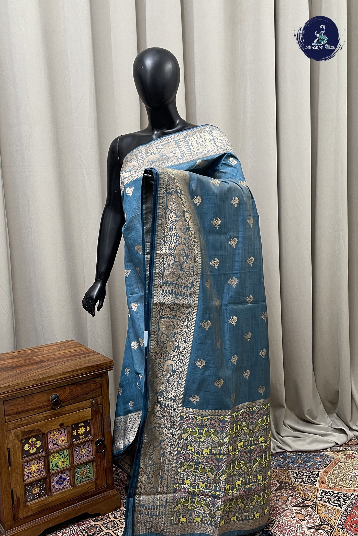 Teal Blue Semi Tussar Saree With Zari Buttas Pattern