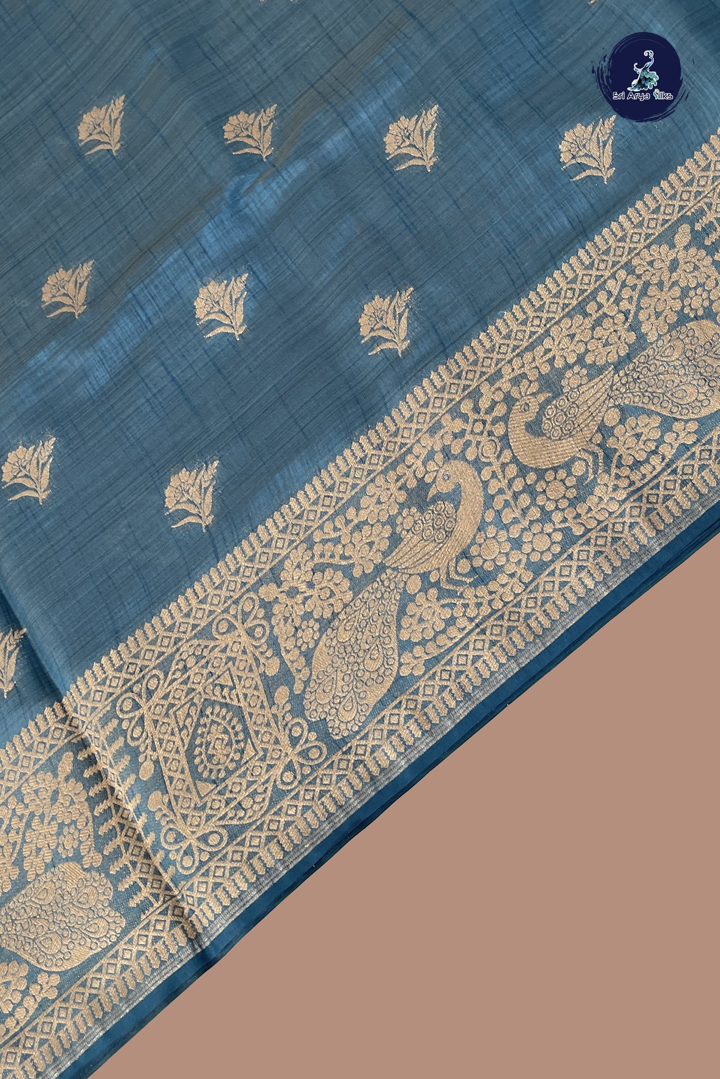 Teal Blue Semi Tussar Saree With Zari Buttas Pattern
