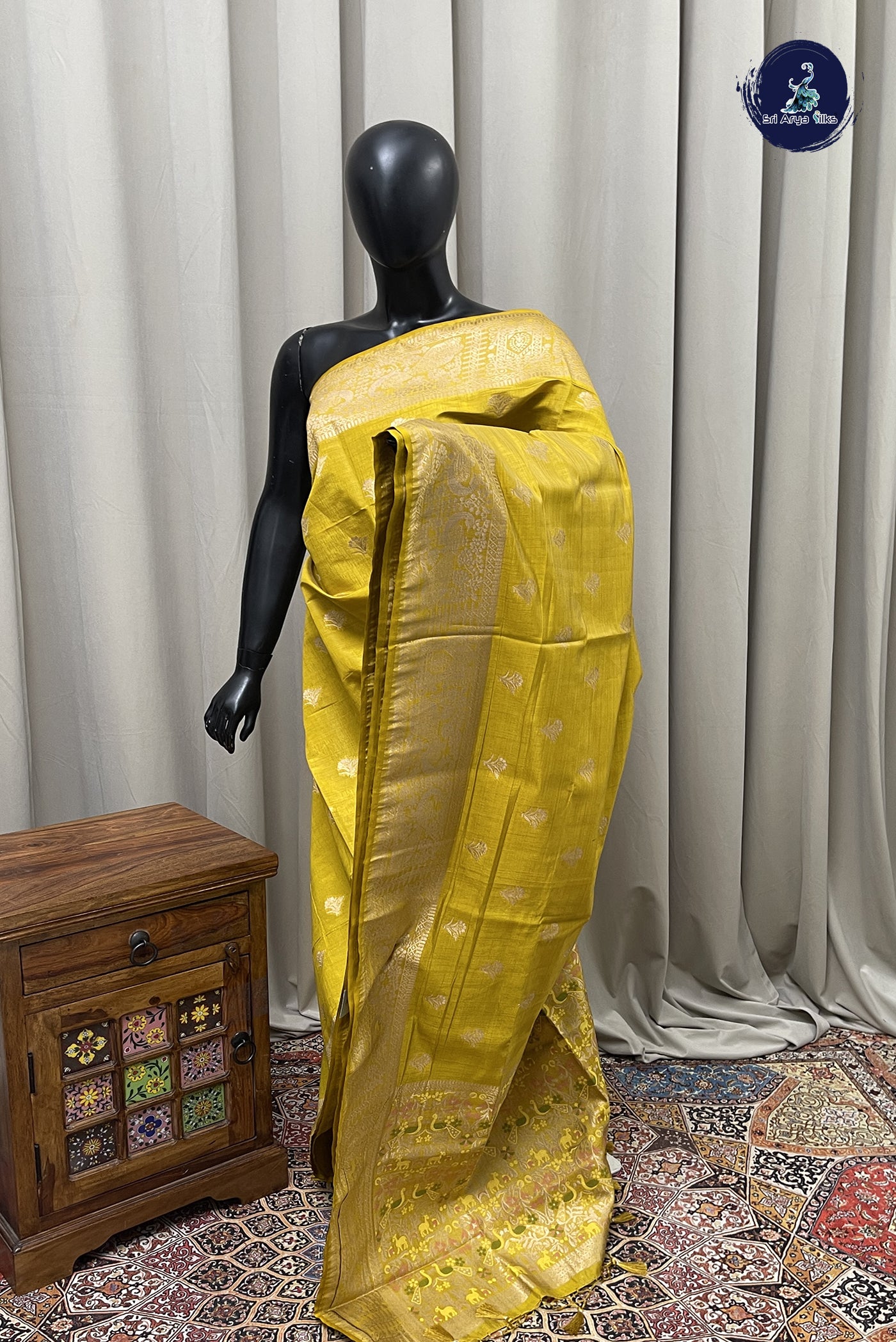 Yellow Semi Tussar Saree With Zari Buttas Pattern