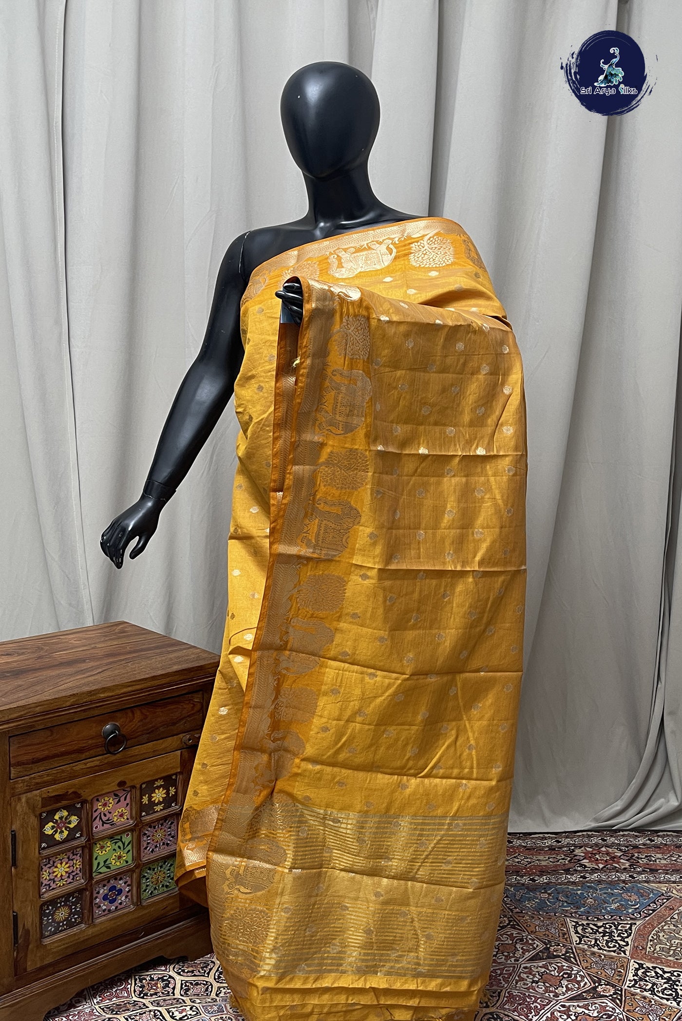 Mustard Yellow Semi Tussar Saree With Zari Buttas Pattern