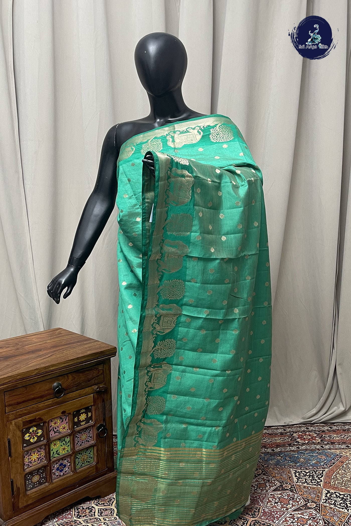 Green Semi Tussar Saree With Zari Buttas Pattern