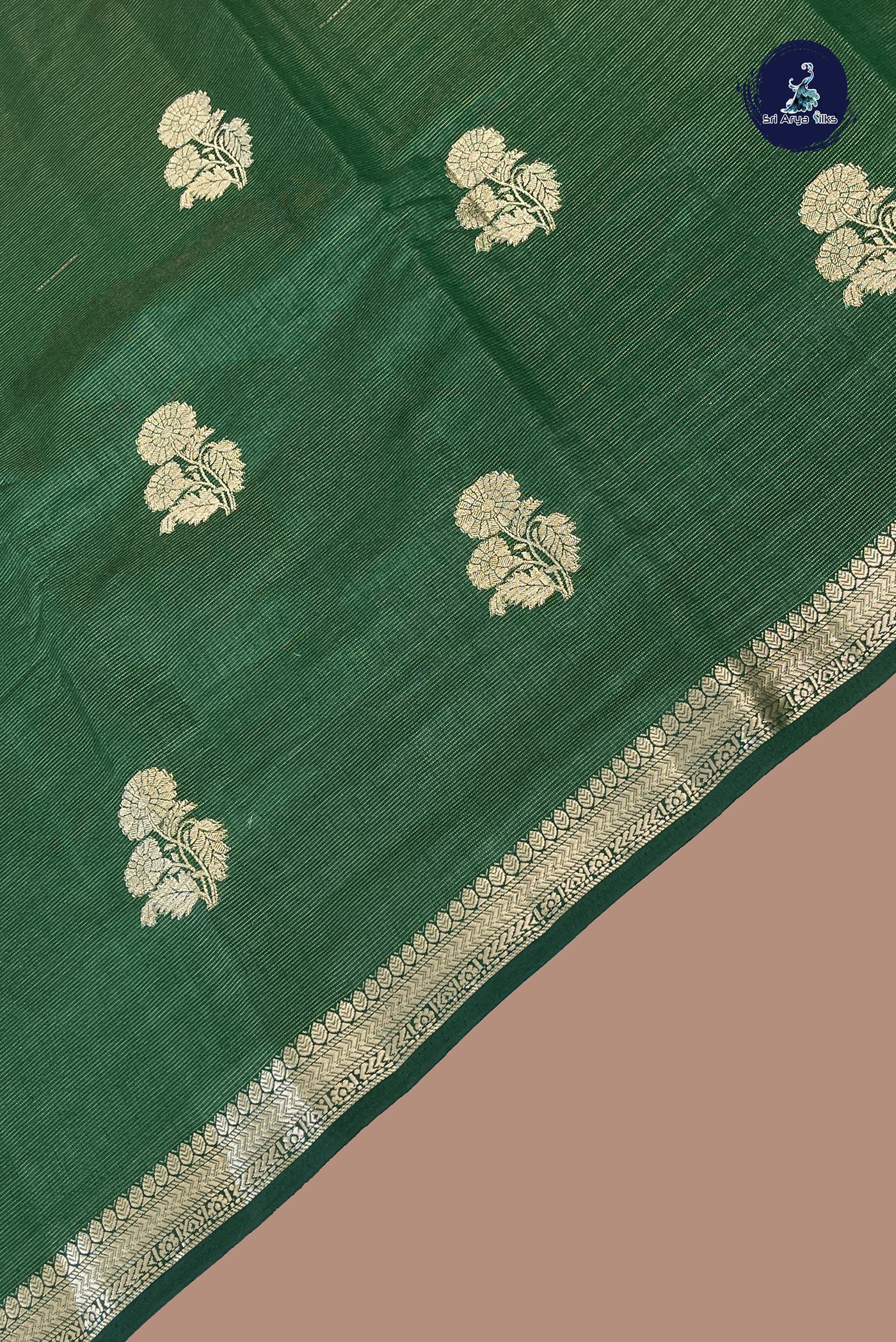Bottle Green Semi Tussar Saree With Zari Buttas Pattern