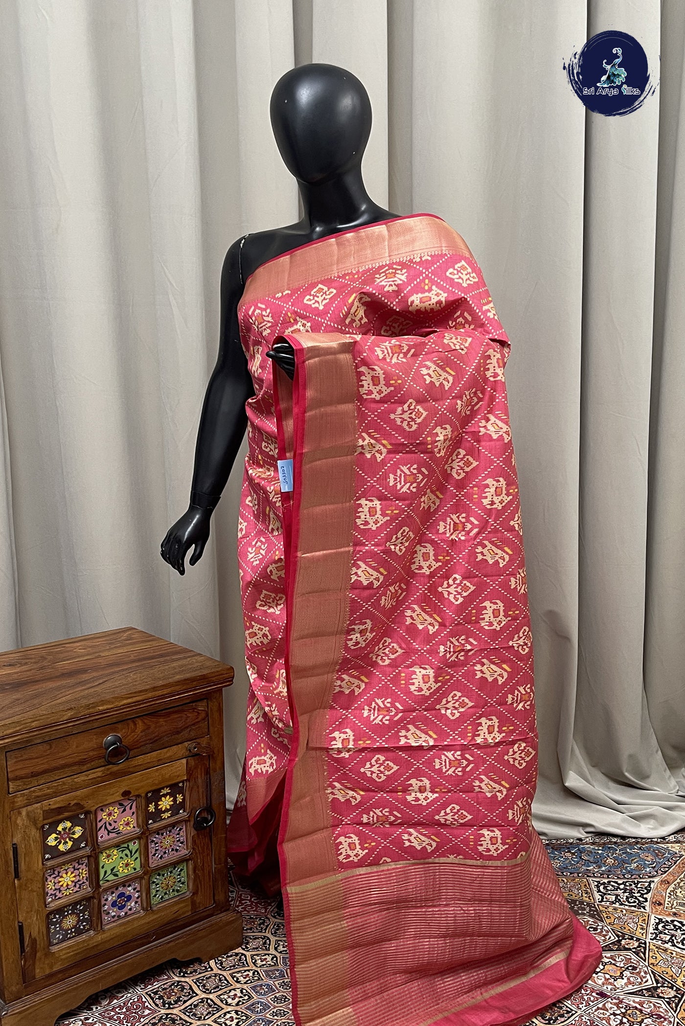 Candy Pink Semi Tussar Saree With Printed Pattern