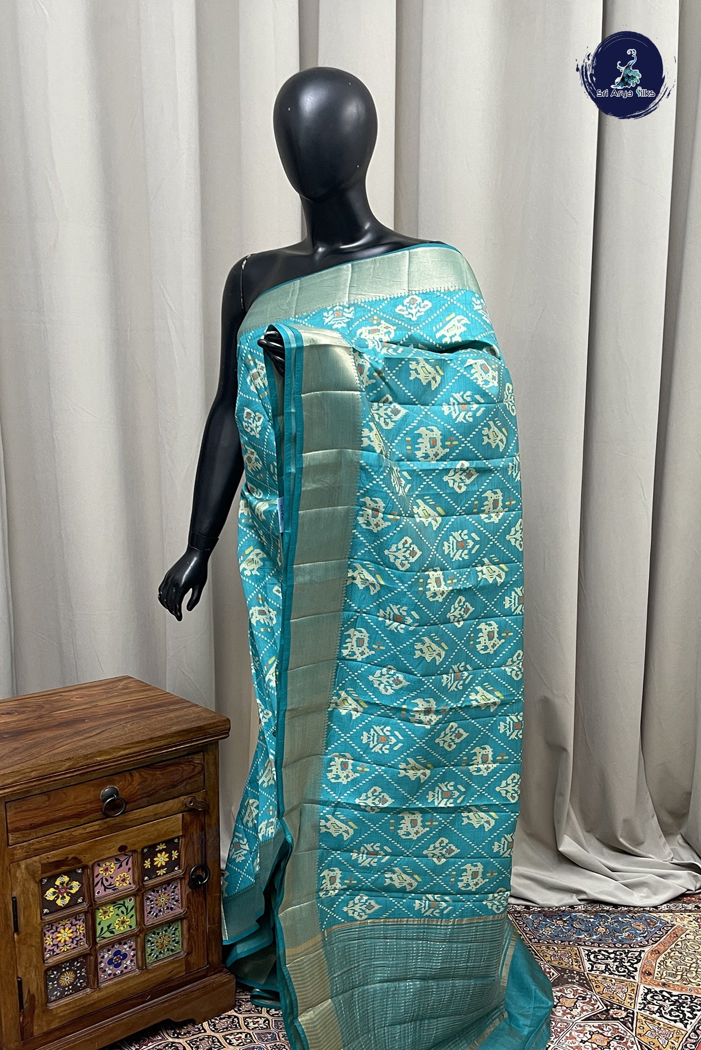 Teal Semi Tussar Saree With Printed Pattern