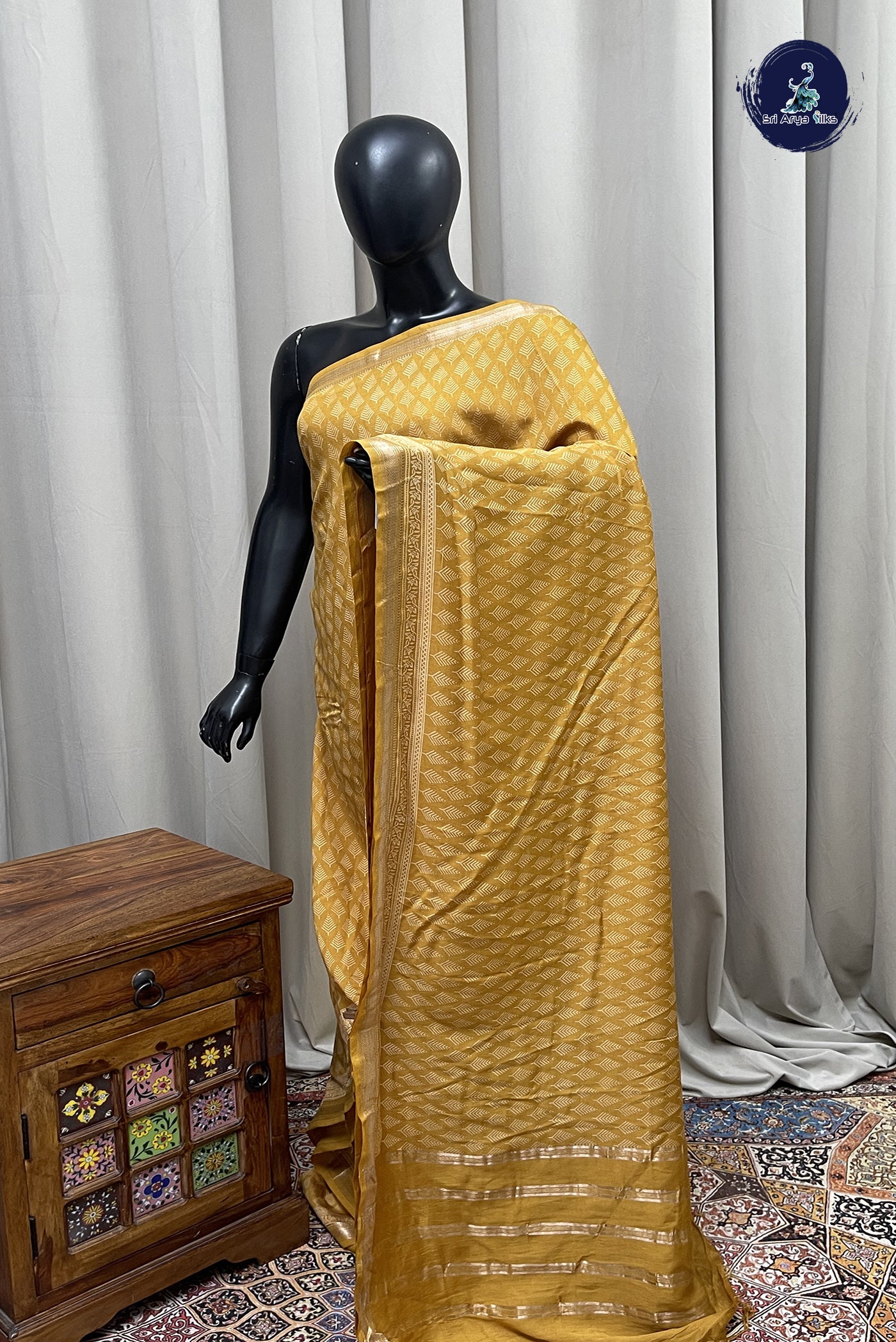 Mustard Yellow Semi Chanderi Saree With Printed Pattern
