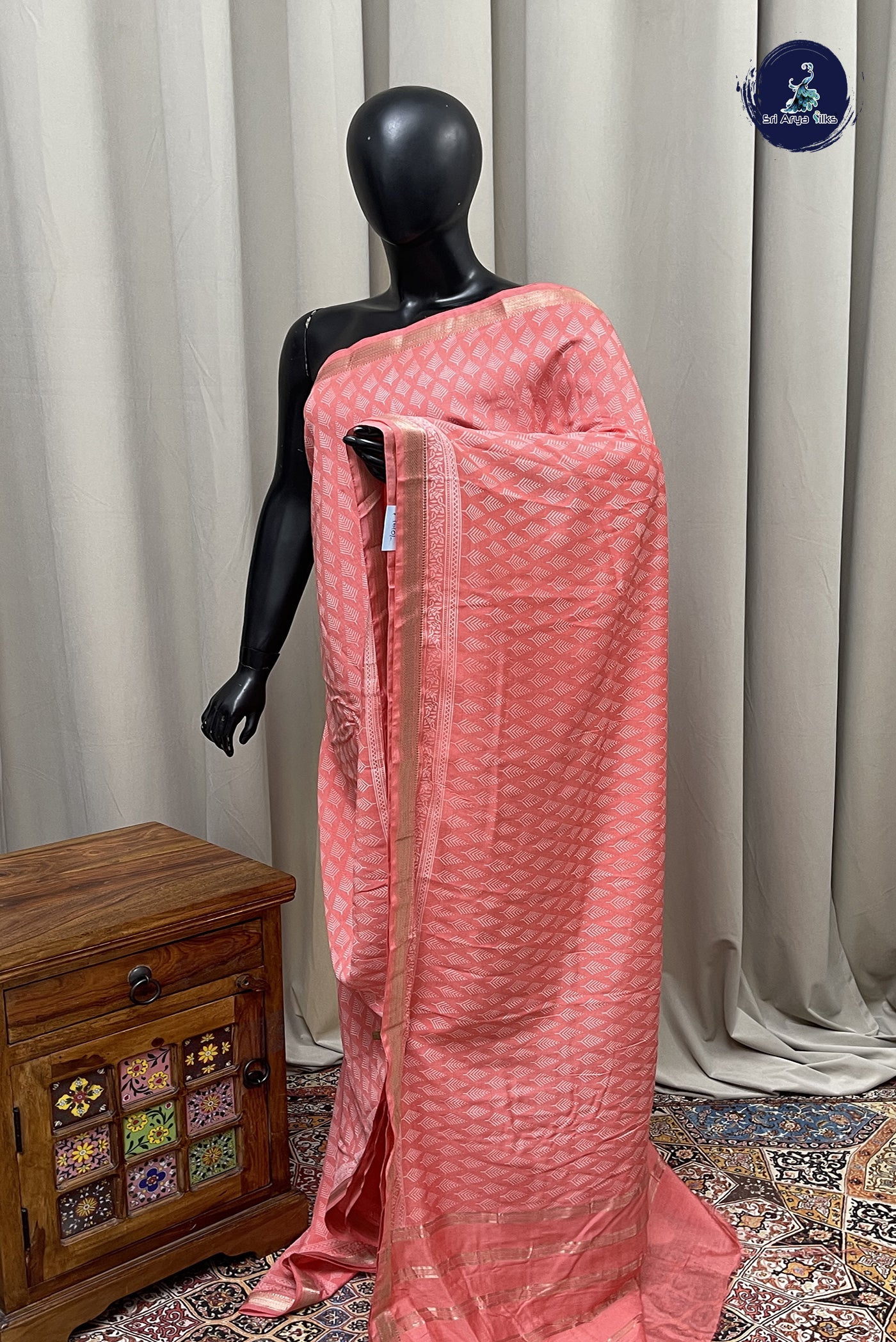 Light Pink Semi Chanderi Saree With Printed Pattern