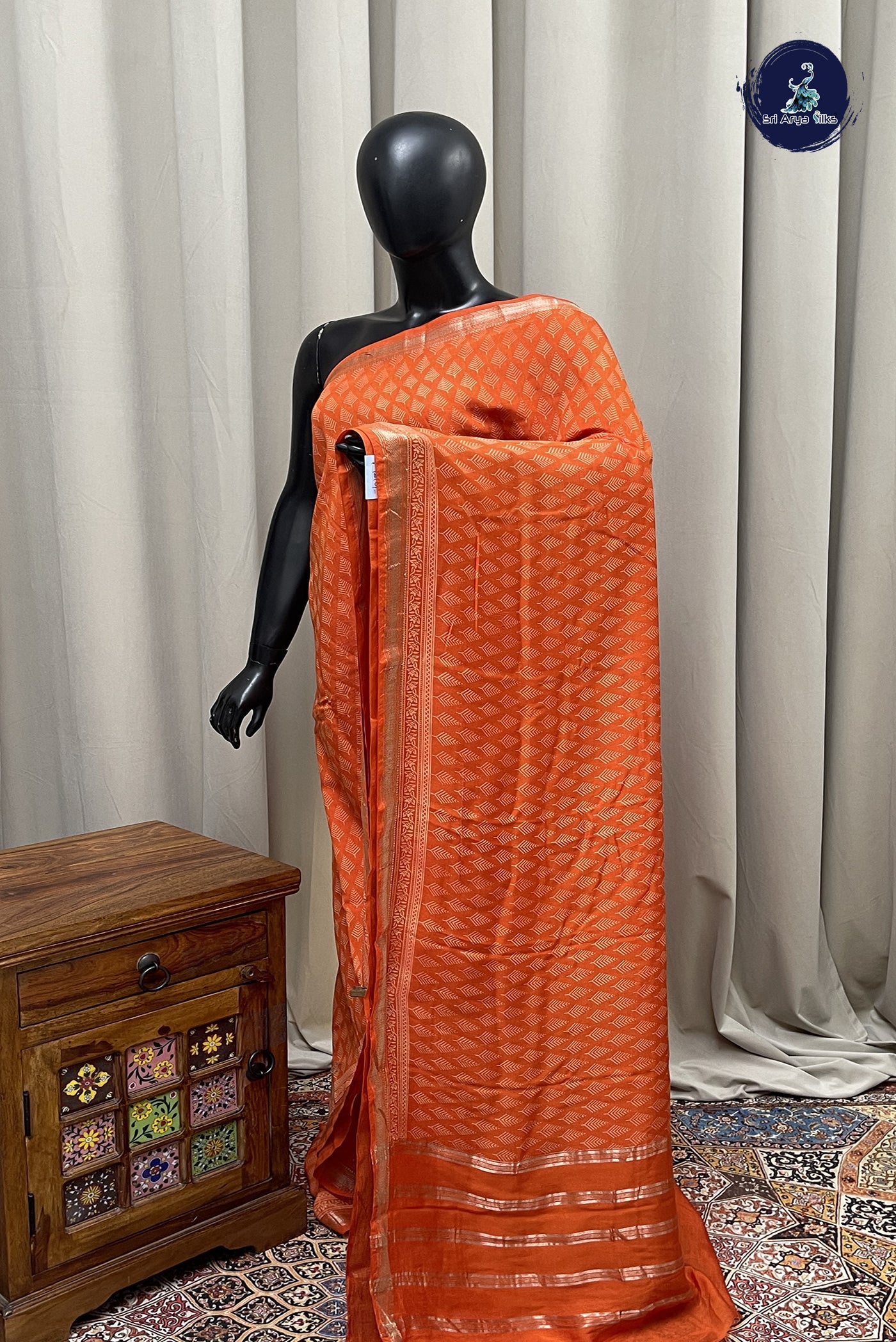 Orange Semi Chanderi Saree With Printed Pattern